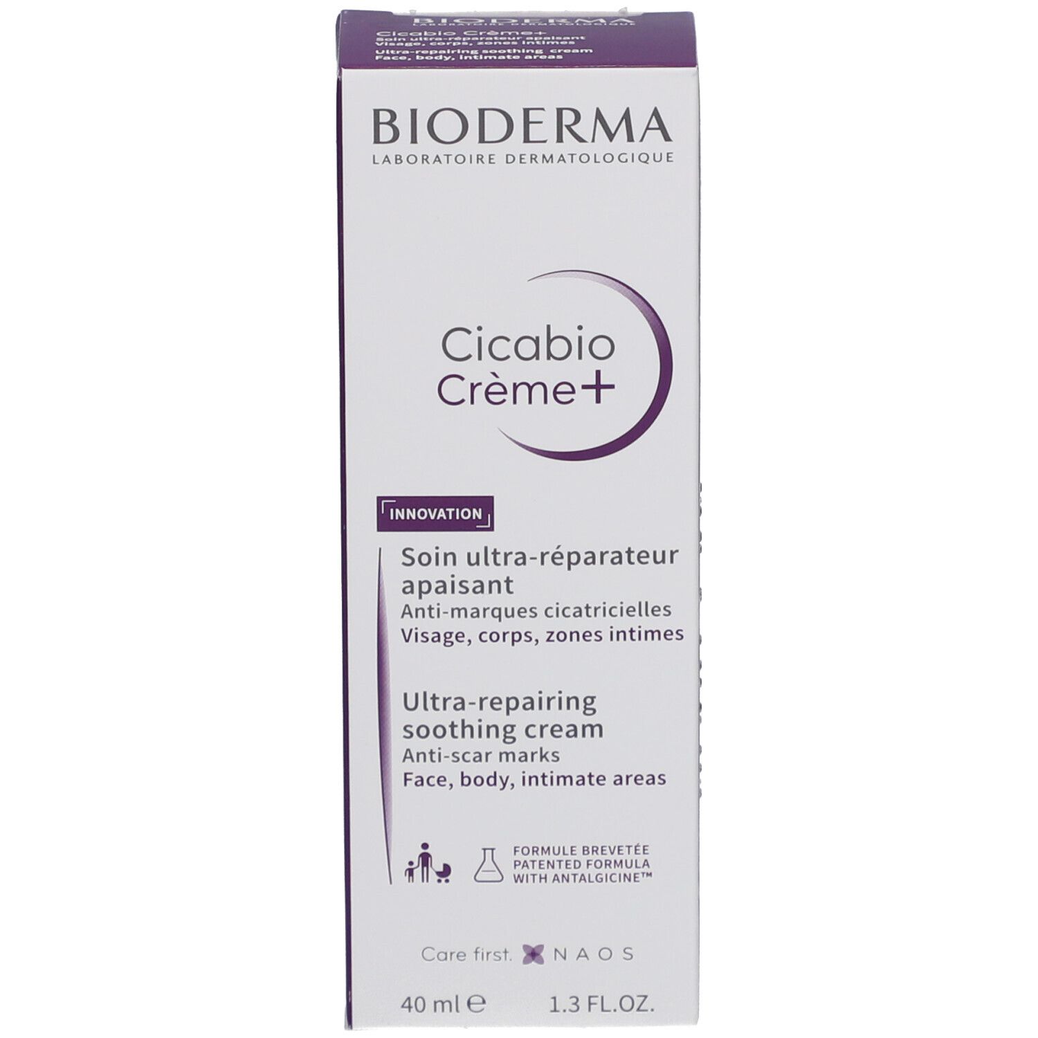 Verpackung, weiß/lila. Aufschrift: BIODERMA, Cicabio Crème+. Ultra-reparierende, beruhigende Creme. 40 ml.