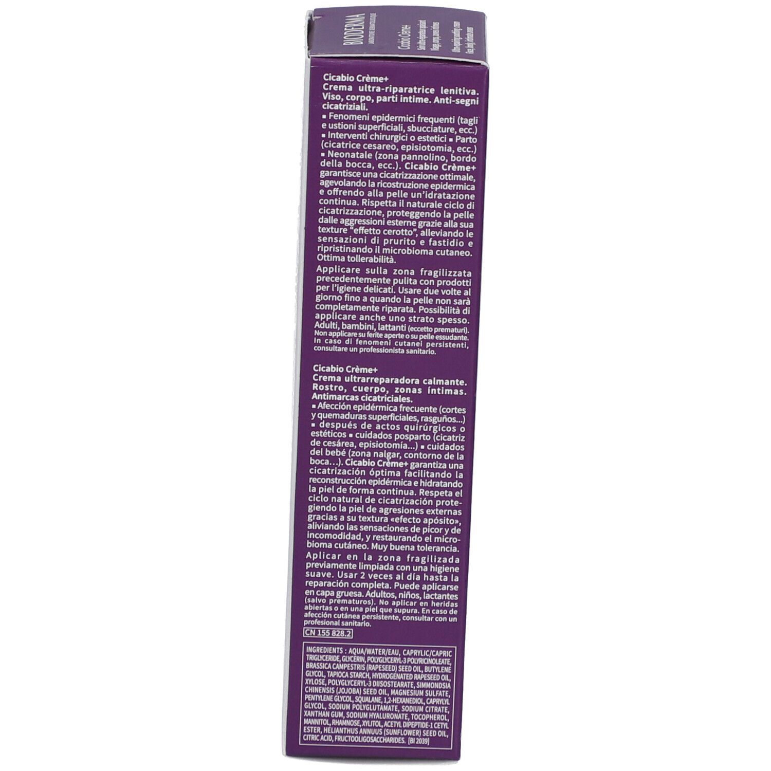 Seite der Verpackung. Text in mehreren Sprachen. Enthält Informationen zur Anwendung und Inhaltsstoffe.