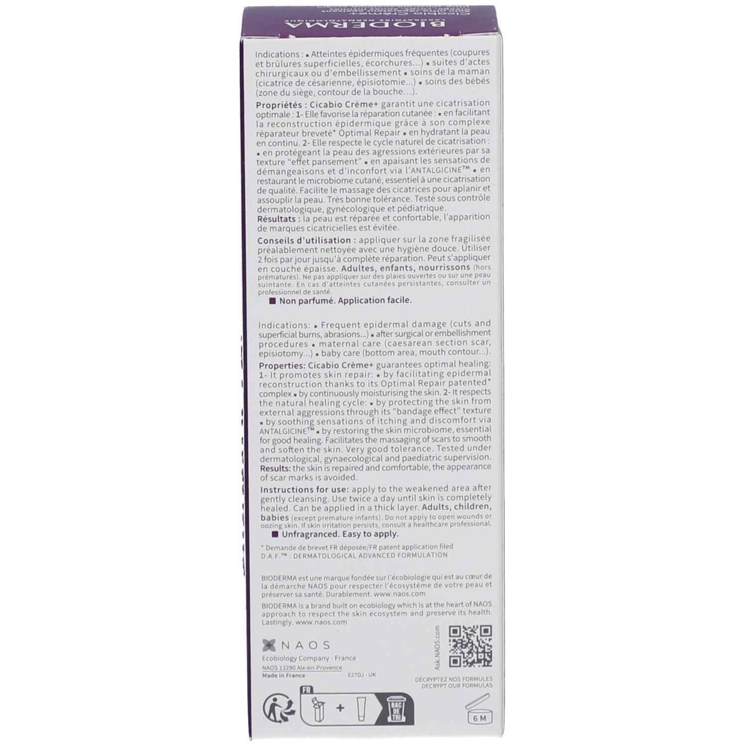 Seite der Verpackung. Text in Englisch und Französisch. Enthält Informationen zur Anwendung und Inhaltsstoffe.