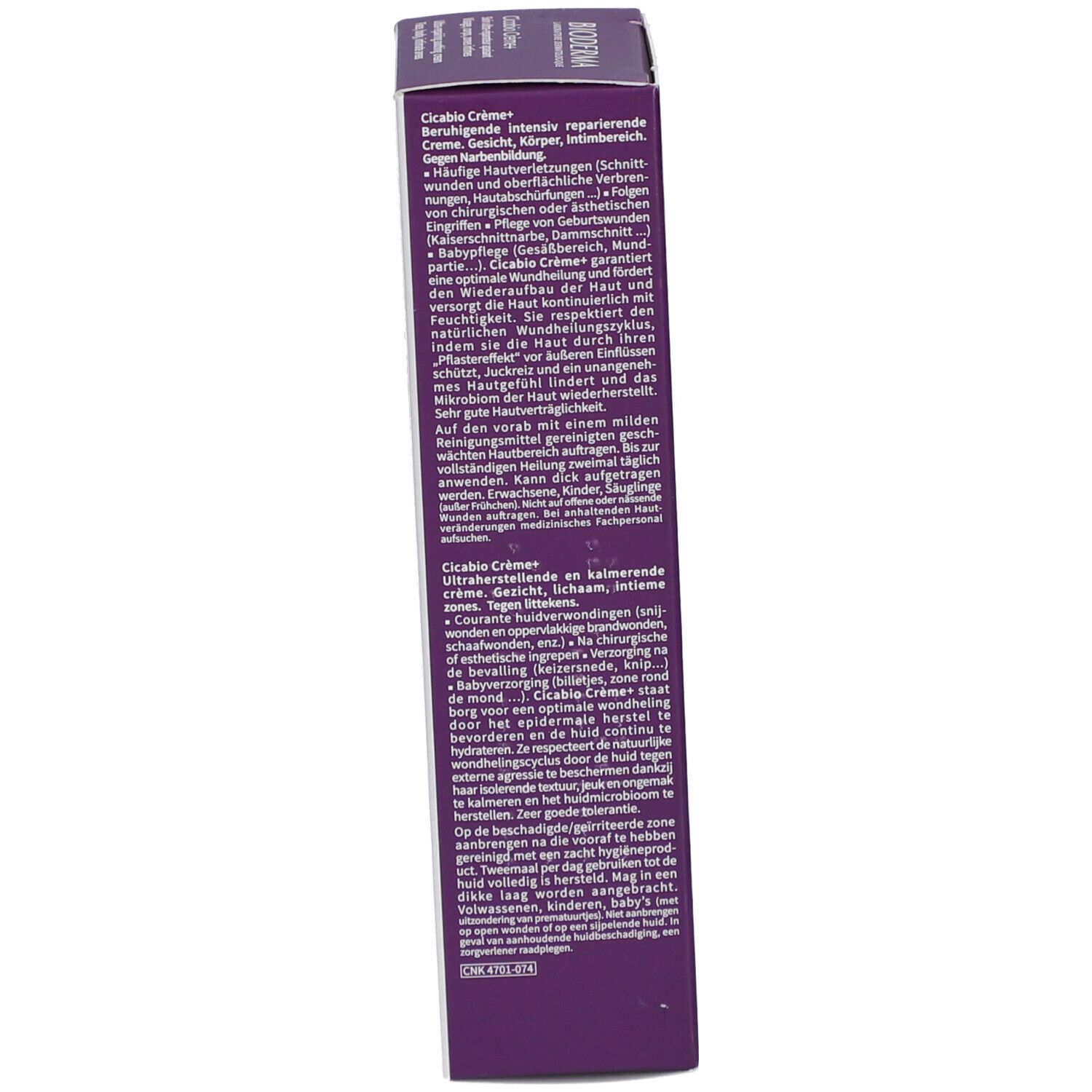 Seite der Verpackung. Text in Deutsch und Französisch. Enthält Informationen zur Anwendung und Inhaltsstoffe.