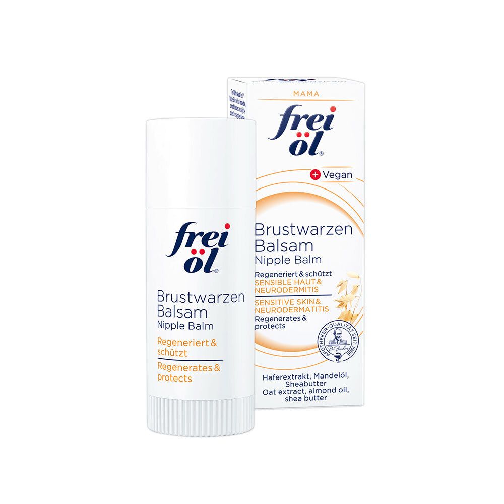 Bâton et boîte blancs. Inscription : frei öl Brustwarzen Balsam. Label Vegan.