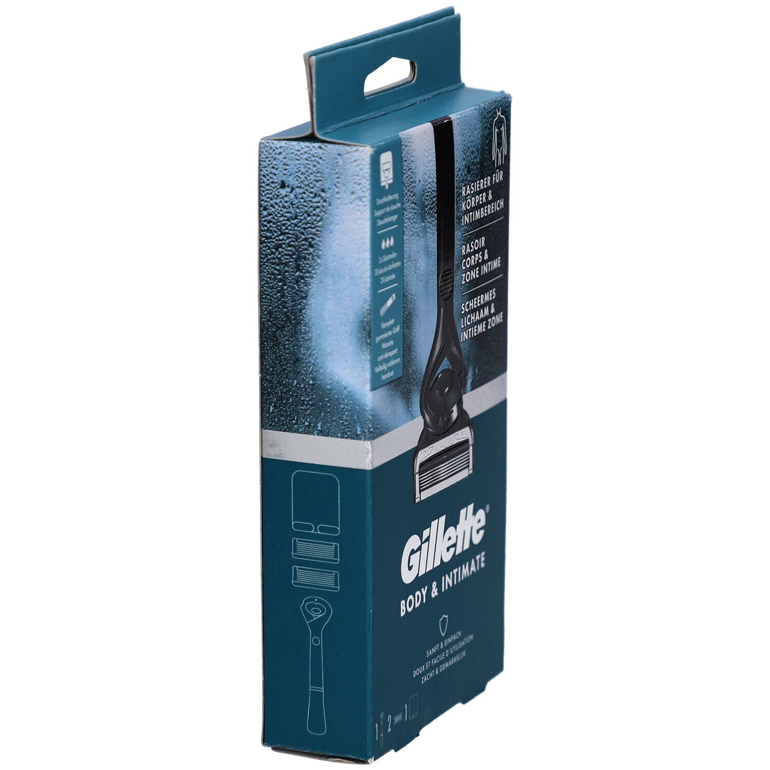 Vue latérale de l'emballage. Texte: Gillette Body & Intimate. Rasoir corps & zone intime.