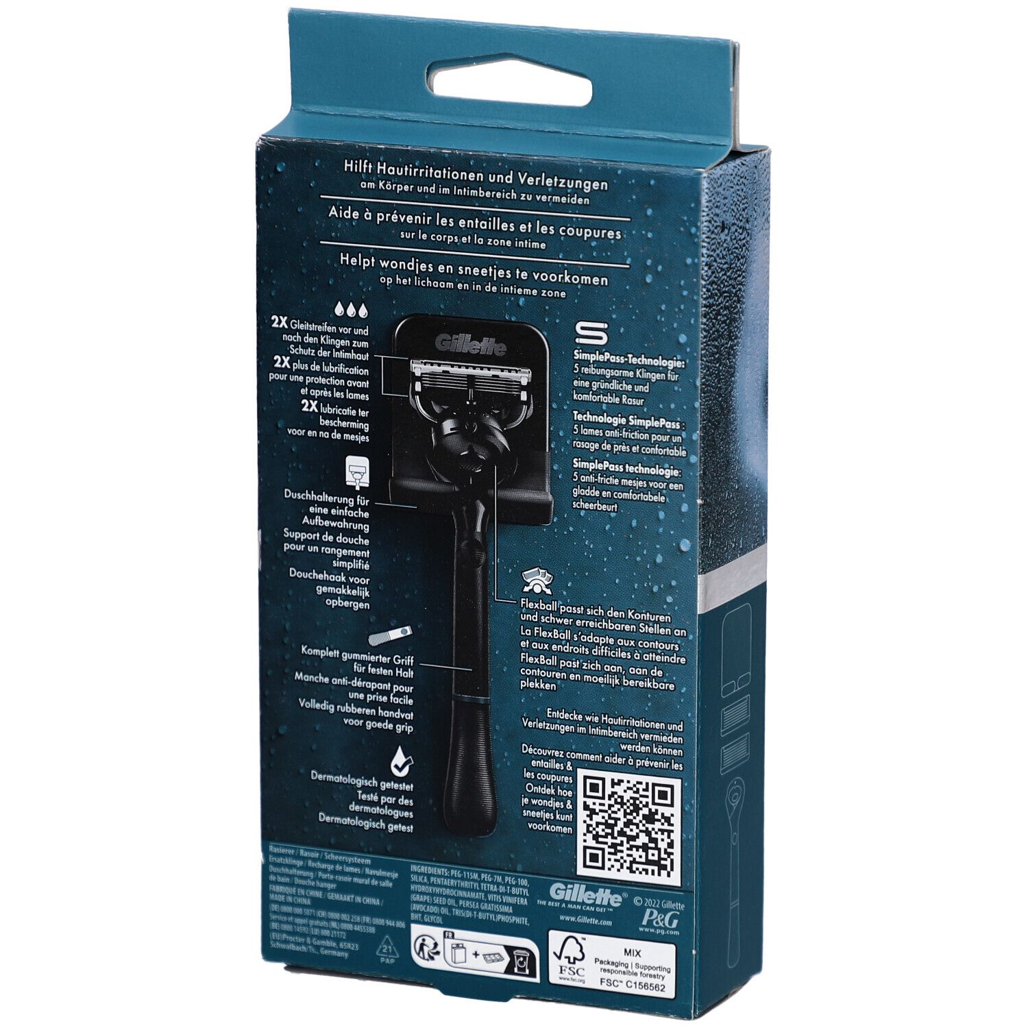 Dos de l'emballage. Texte: Gillette. Rasoir corps & zone intime. Avec code QR.