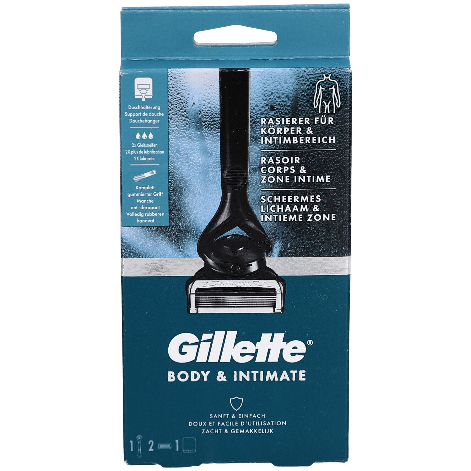 Emballage avec rasoir. Texte: Gillette Body & Intimate. Rasoir corps & zone intime.