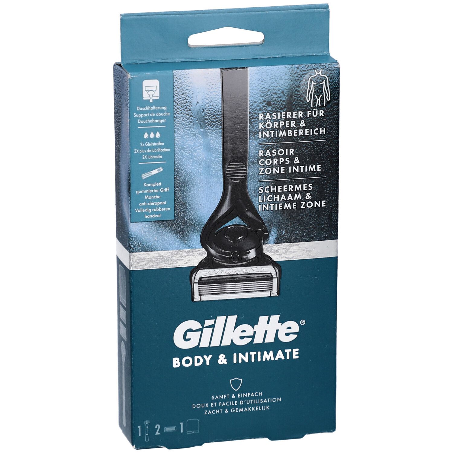Emballage avec rasoir. Texte: Gillette Body & Intimate. Rasoir corps & zone intime.