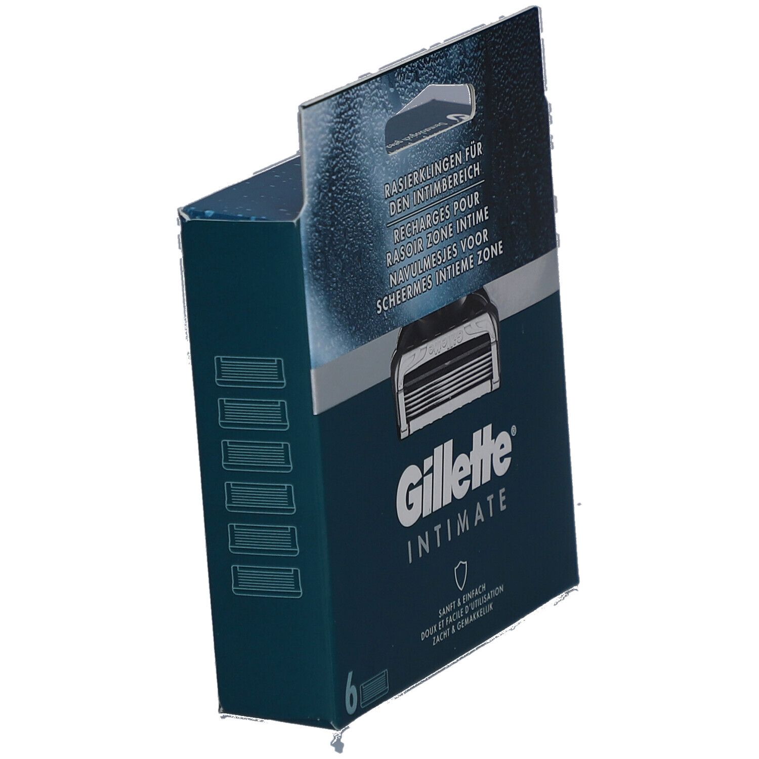 Türkis-farbene Verpackung mit 6 Rasierklingen. Text: Gillette Intimate. Ansicht schräg von vorne.