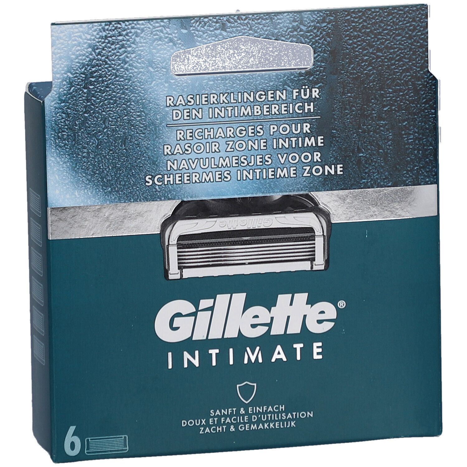 Packung mit 6 Rasierklingen. Text: Gillette Intimate. Sanft & einfach. Türkis-farbene Verpackung.