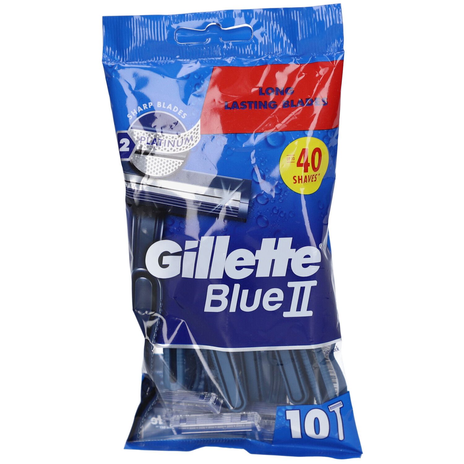 Paquet de rasoirs jetables Gillette Blue II. Emballage bleu. Contient 10 pièces. Inscription: 40 rasages, 2 Platinum.