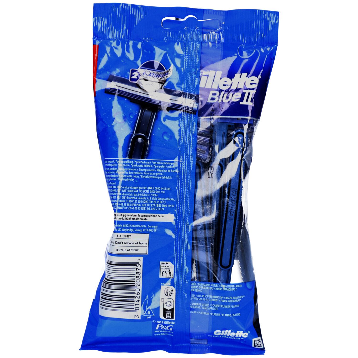Dos du paquet de rasoirs jetables Gillette Blue II. Emballage bleu avec image et texte. Contient 10 pièces.
