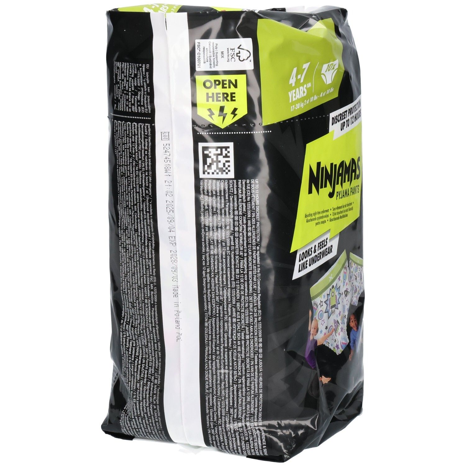Rückseite der Pampers Ninjamas Pyjama Pants Jungs Packung mit Öffnungshinweis und Produktinformationen.