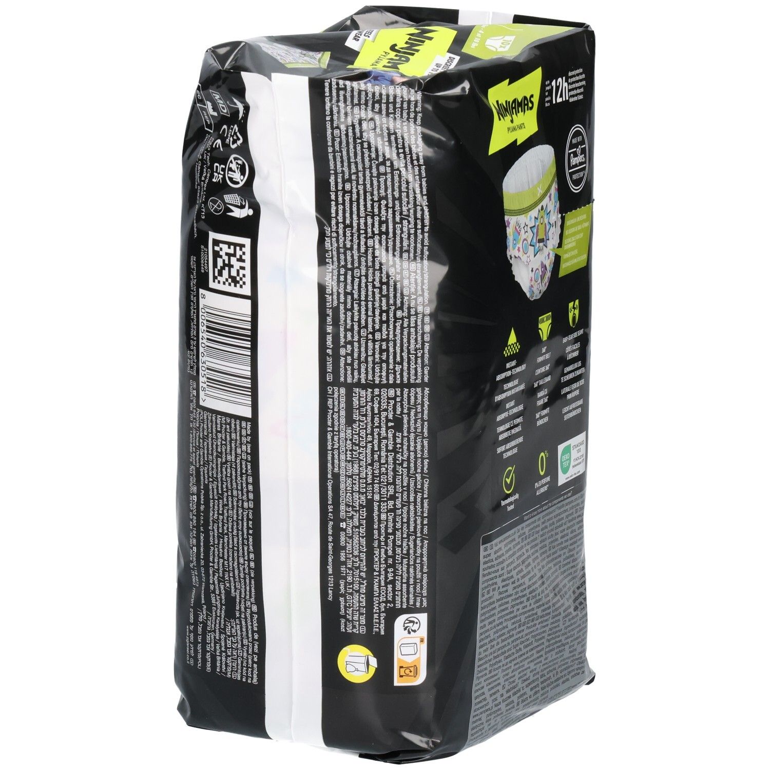 Seitenansicht der Pampers Ninjamas Pyjama Pants Jungs Packung mit detaillierten Produktinformationen und Siegeln.