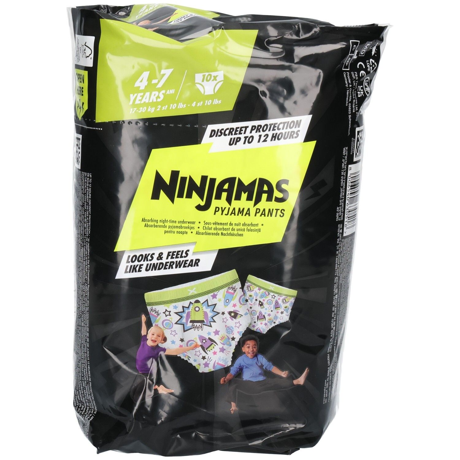 Pampers Ninjamas Pyjama Pants Jungs, 4-7 Jahre, 10 Stück. Vorderseite mit Abbildung von Kindern und Pyjama-Hosen.