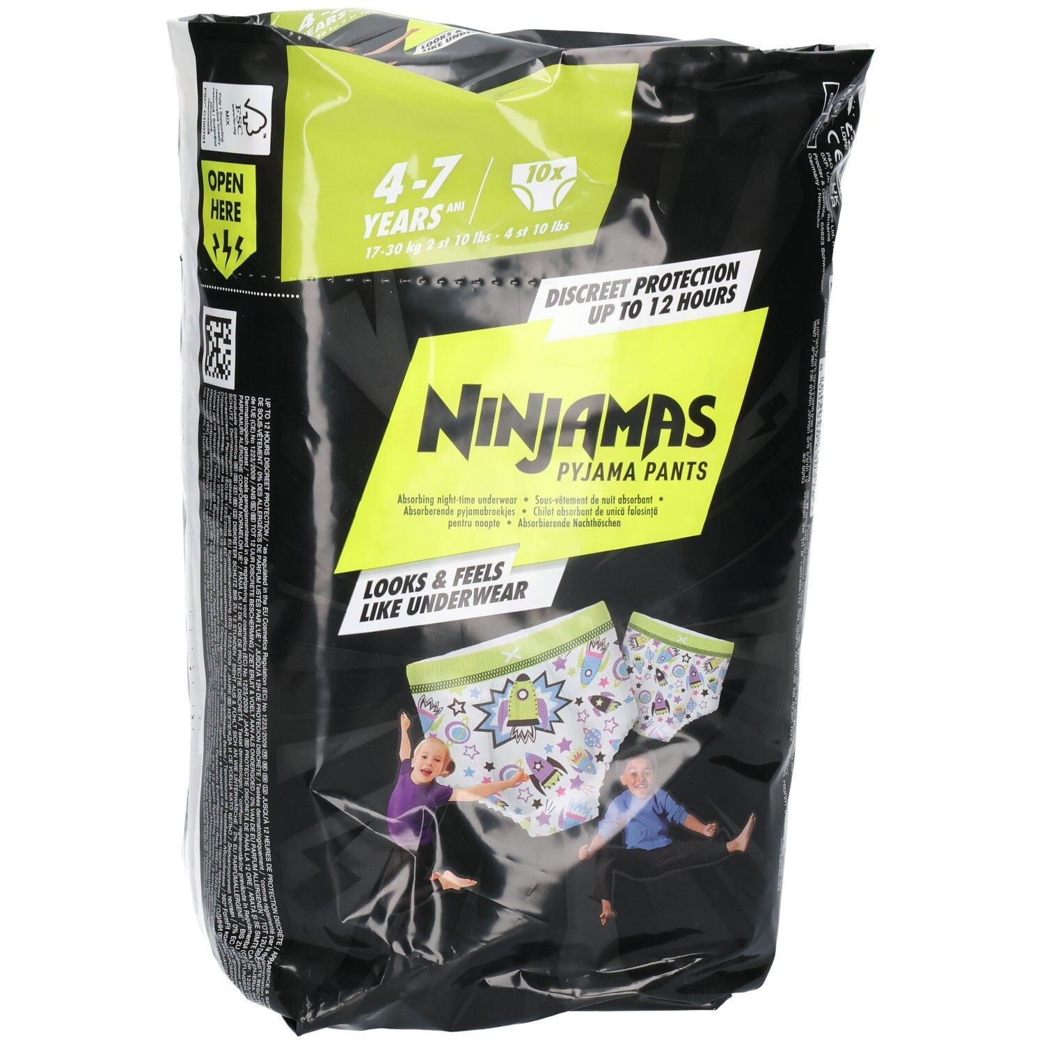 Vorderseite der Pampers Ninjamas Pyjama Pants Jungs Packung, 4-7 Jahre, 10 Stück, mit Design-Elementen.