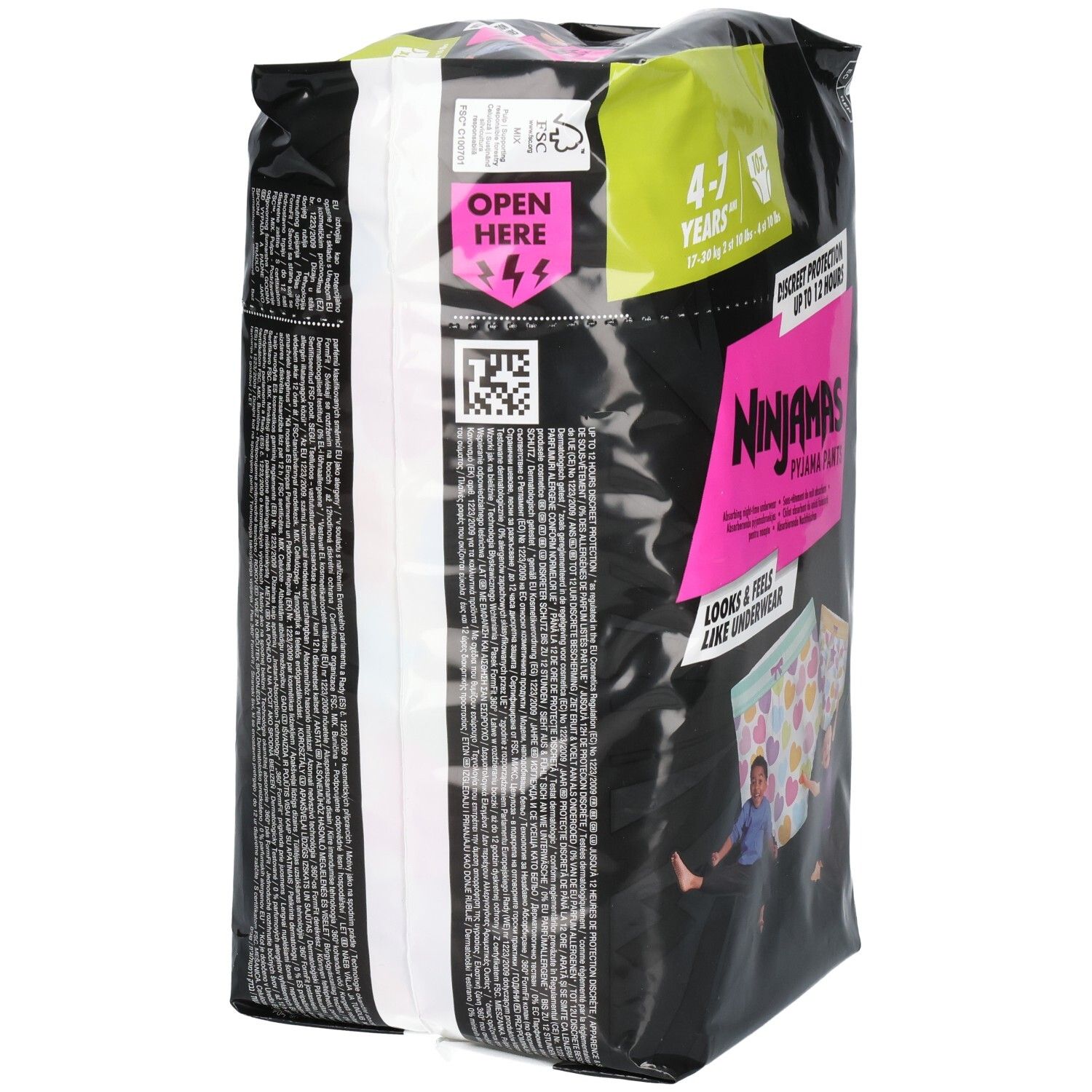 Rückseite der Pampers Ninjamas Pyjama Pants Packung mit Öffnungshinweis und Barcode.