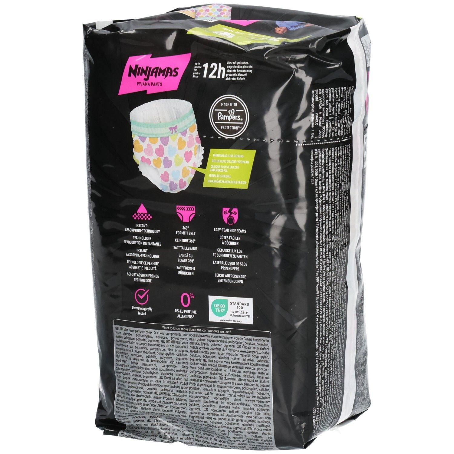 Pampers Ninjamas Pyjama Pants Packung mit Details zu Absorption und Passform. Mit Pampers-Logo.