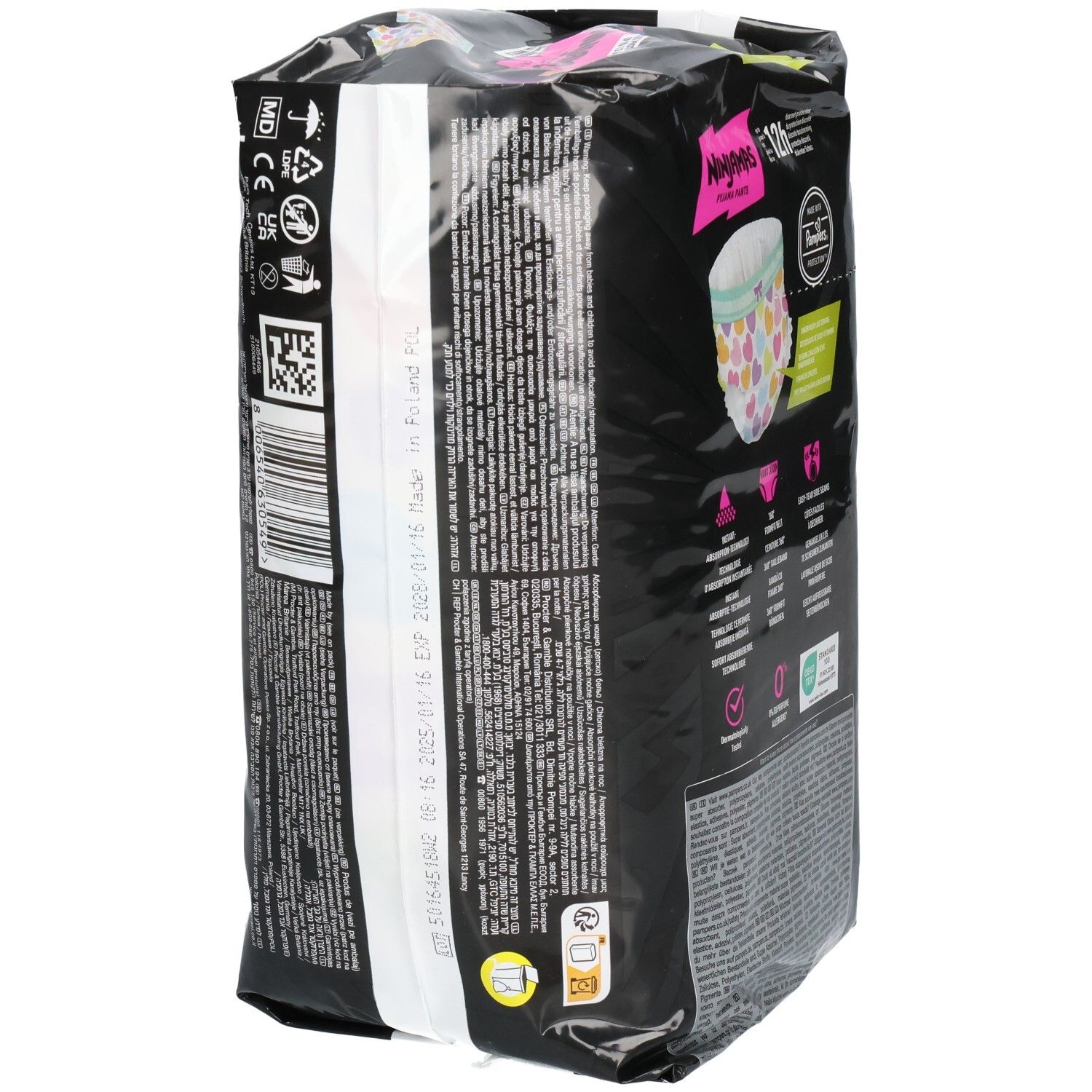 Seite der Pampers Ninjamas Pyjama Pants Packung mit Produktinformationen und Verfallsdatum.