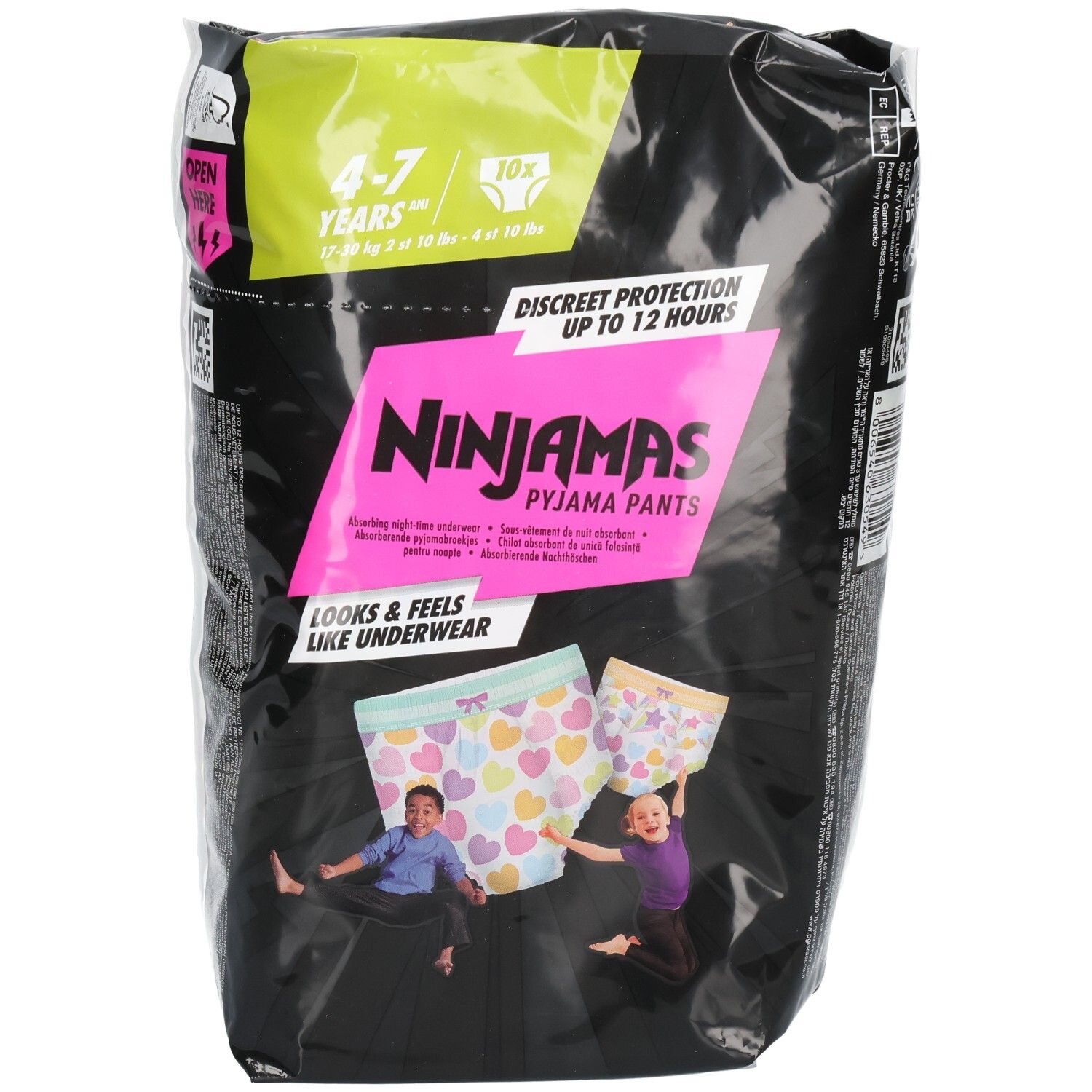 Pampers Ninjamas Pyjama Pants, 10 Stück, Größe 4-7 Jahre. Mit Abbildung von Kindern in Unterwäsche.