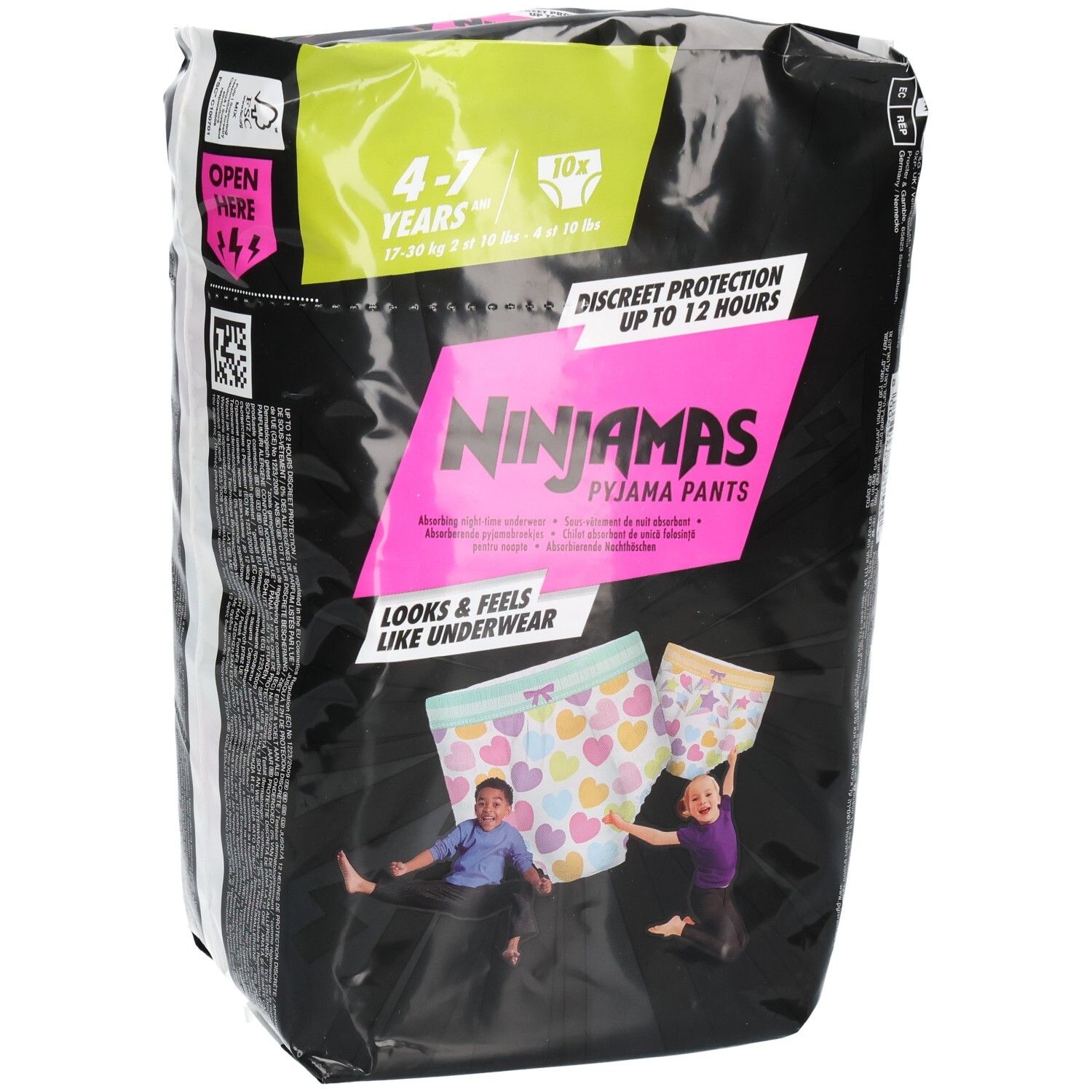 Vorderseite der Pampers Ninjamas Pyjama Pants Packung, Größe 4-7 Jahre, 10 Stück.