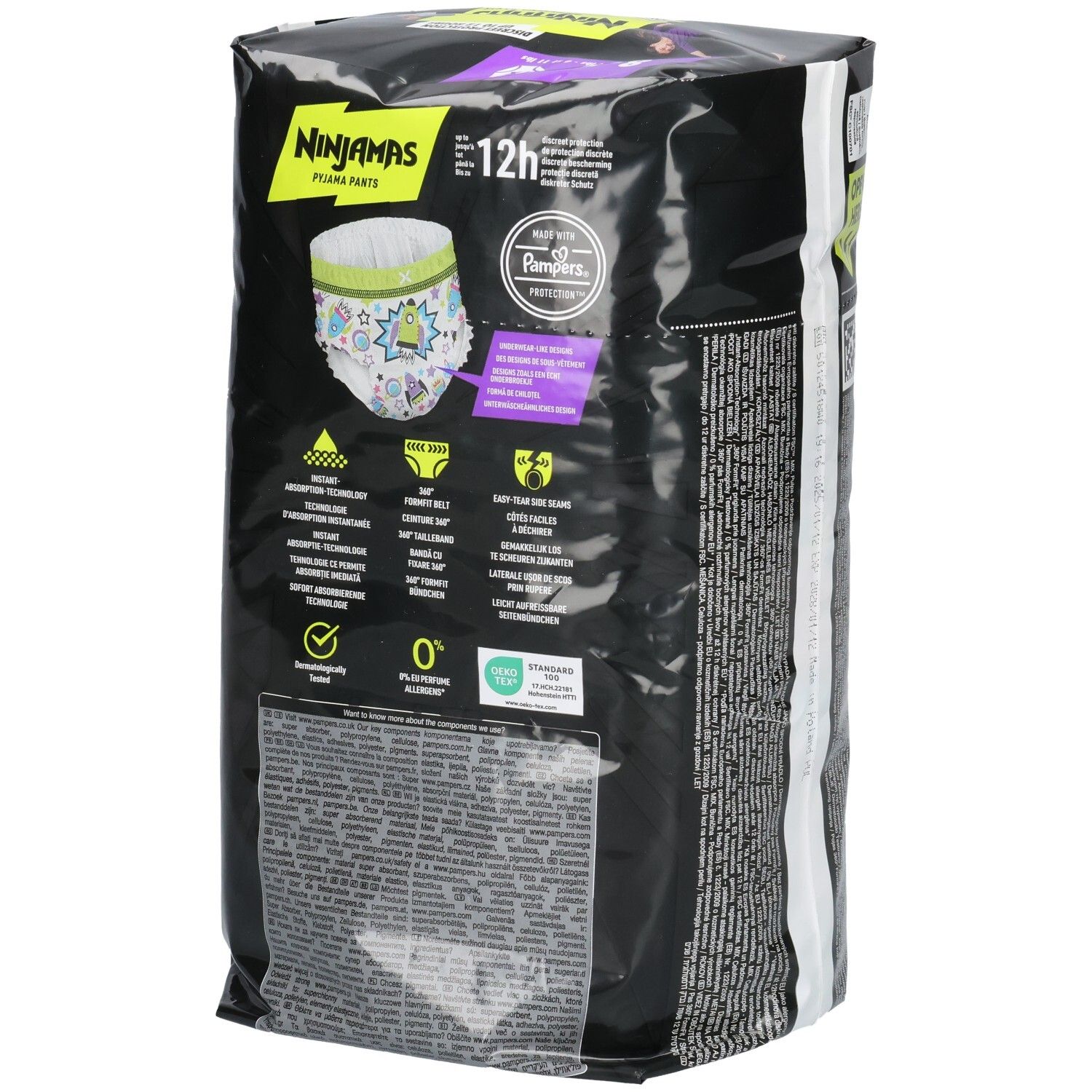 Pampers Ninjamas Pyjama Pants Jungs, 8-12 Jahre, 9 Stück. Vorderseite mit Windeldetail und Produktmerkmalen.