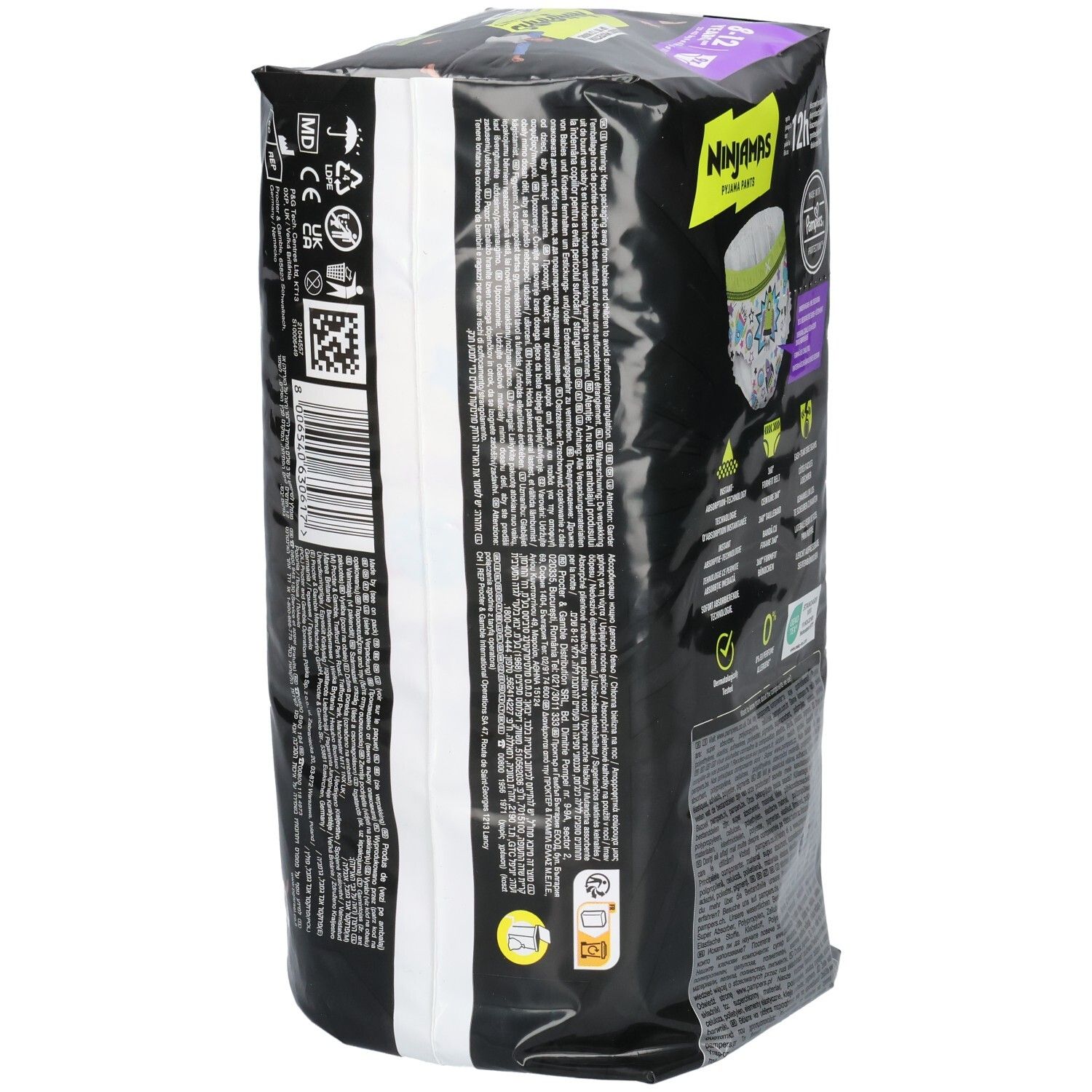 Pampers Ninjamas Pyjama Pants Jungs, 8-12 Jahre, 9 Stück. Seitenansicht mit detaillierten Produktinformationen.