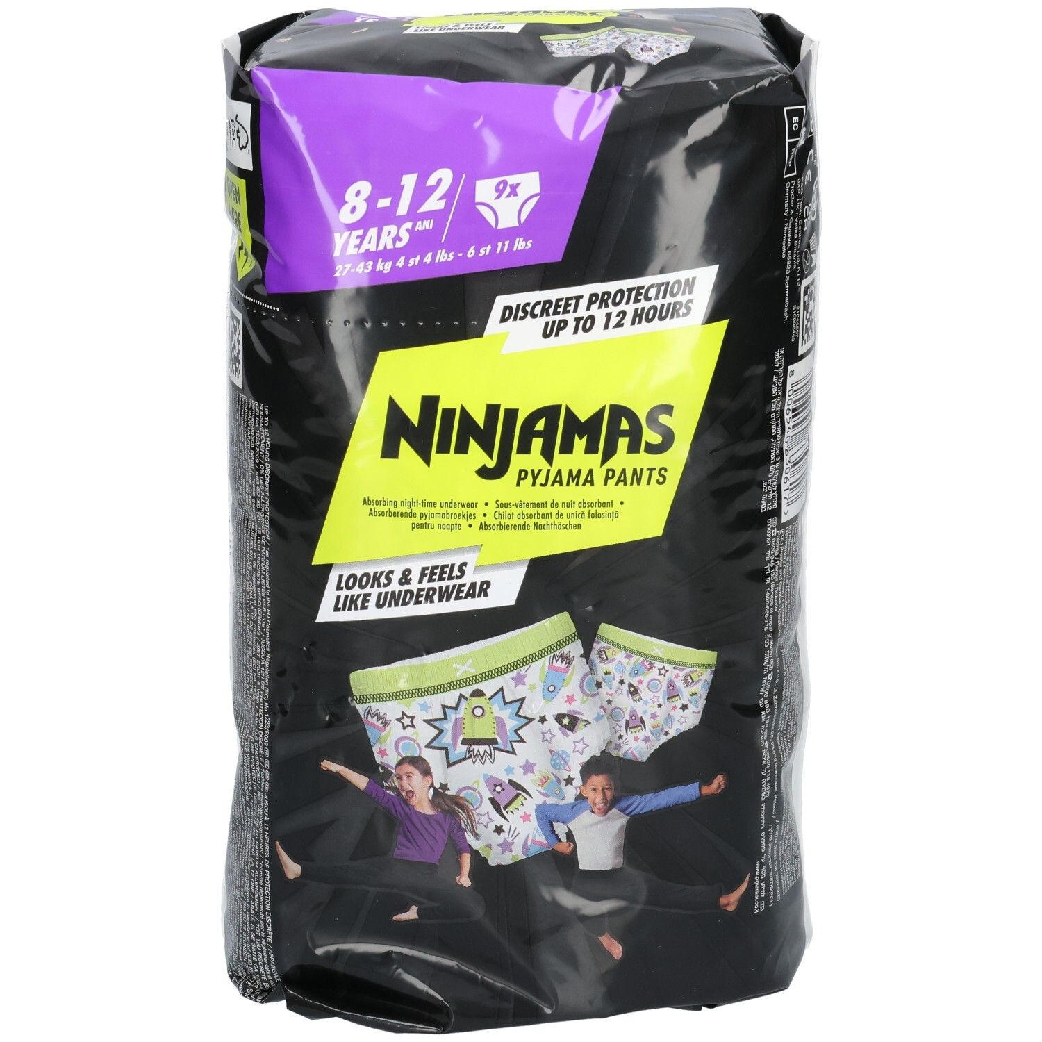 Pampers Ninjamas Pyjama Pants Jungs, 8-12 Jahre, 9 Stück. Vorderseite mit Windeldetail und Produktmerkmalen.