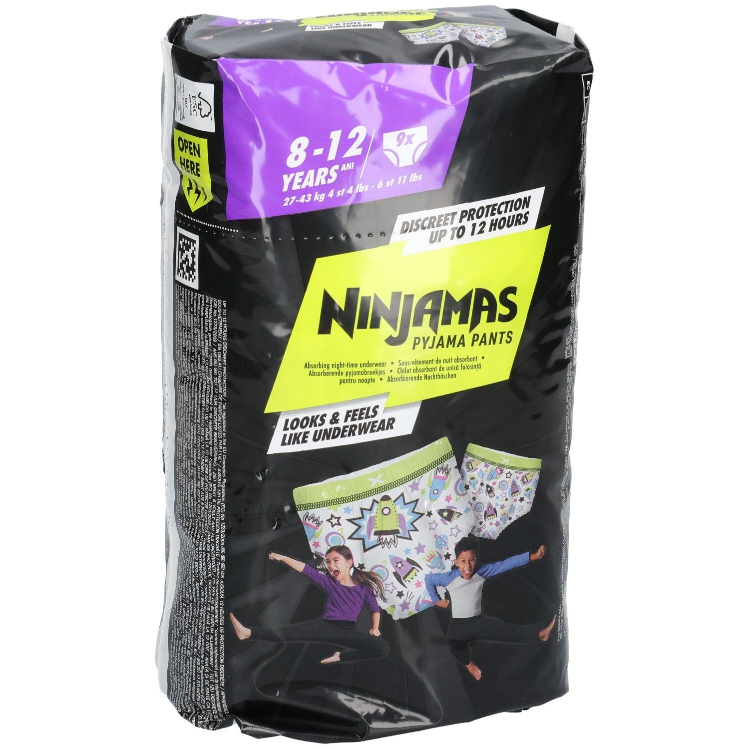 Pampers Ninjamas Pyjama Pants Jungs, 8-12 Jahre, 9 Stück. Vorderseite mit Windeldetail und Produktmerkmalen.