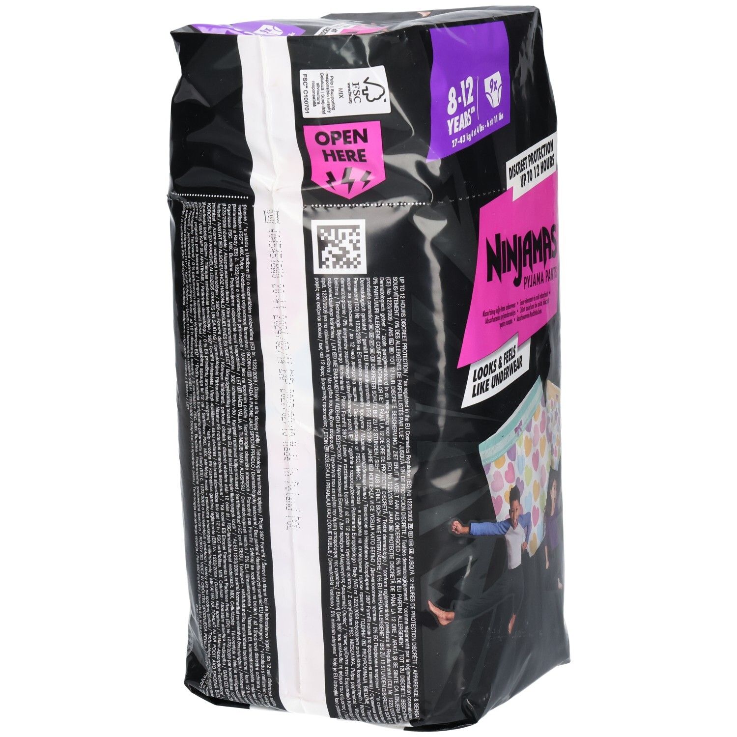 Rückseite der Pampers Ninjamas Pyjama Pants Packung mit Produktinformationen.