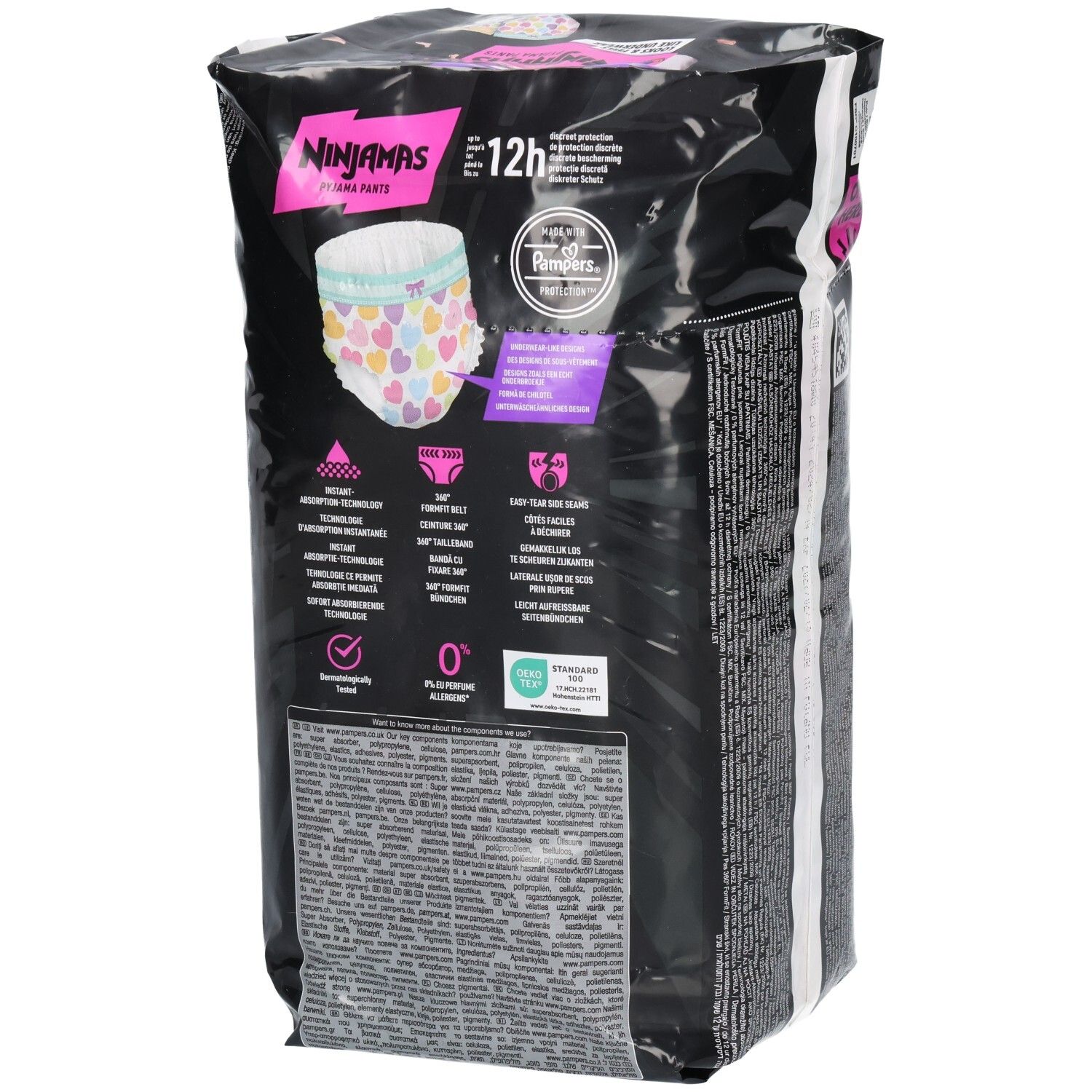 Rückseite der Pampers Ninjamas Pyjama Pants Packung mit detaillierten Merkmalen.