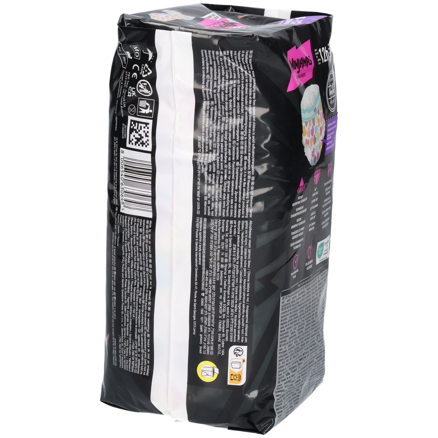 Seite der Pampers Ninjamas Pyjama Pants Packung mit Produktinformationen.