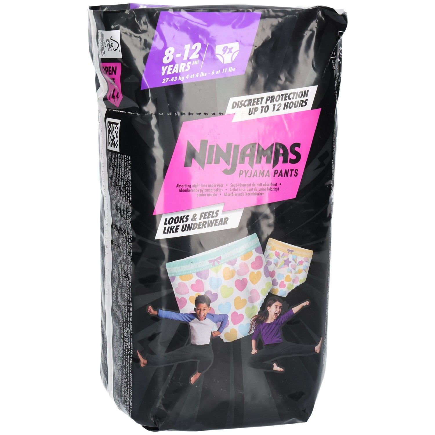 Vorderseite der Pampers Ninjamas Pyjama Pants Packung, 8-12 Jahre, 9 Stück.