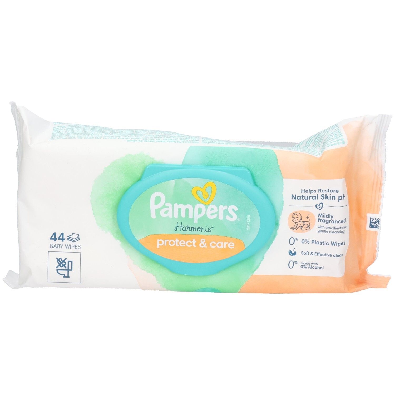 Pampers Harmonie Feuchttücher-Packung. Enthält 44 Tücher. Verpackung mit türkis-orangefarbenem Design. Aufschrift: protect & care.