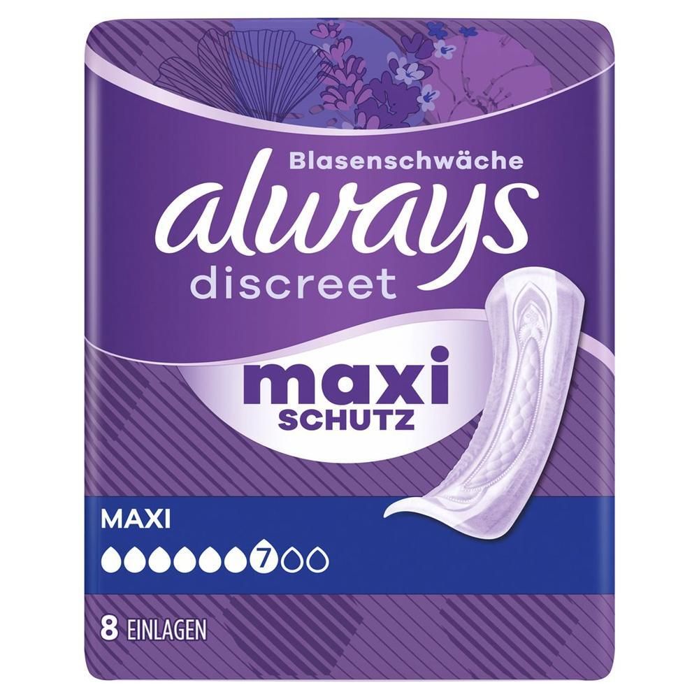 Paquet de Always Discreet Maxi Schutz. Emballage violet avec image du produit. 8 protections.