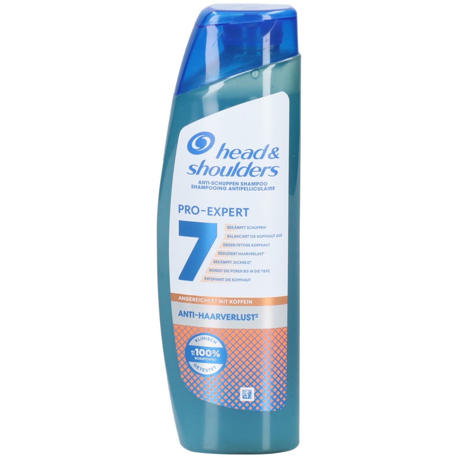 Blau-transparente Shampoo-Flasche. Weißer Aufdruck: Head & Shoulders Pro-Expert 7 Koffein. Blaue Kappe. Orangefarbener Streifen mit Text.