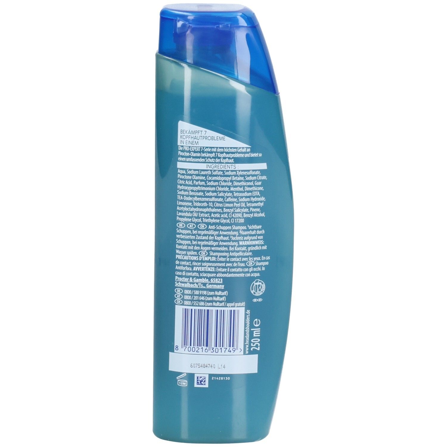 Rückseite der Shampoo-Flasche. Blaue Flüssigkeit sichtbar. Text und Barcode. Blaue Kappe. 250 ml Angabe.