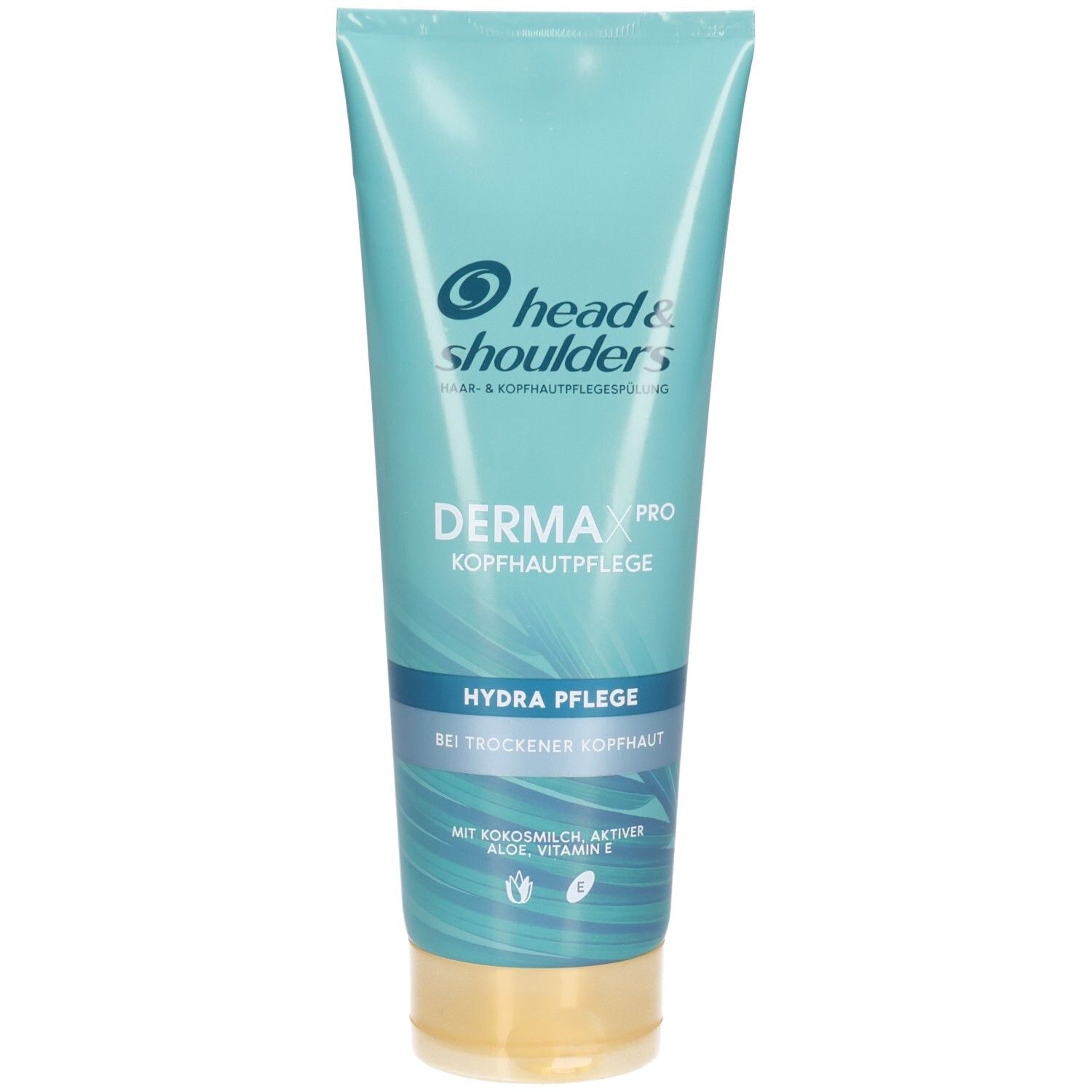 Tube turquoise avec logo et nom du produit. Texte: Derma X Pro Hydra Pflege. Avec lait de coco, aloe vera, vitamine E.