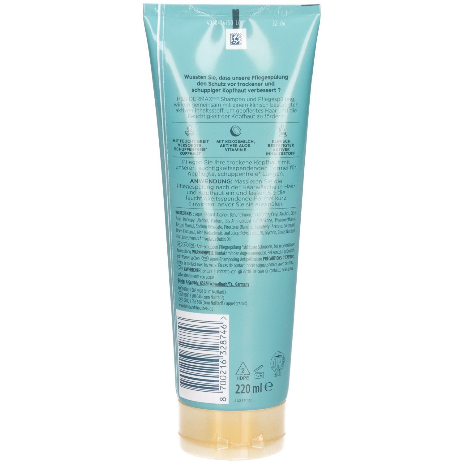 Dos du tube turquoise. Texte: Derma X Pro Hydra Pflege. Ingrédients, instructions d'utilisation et informations du fabricant.