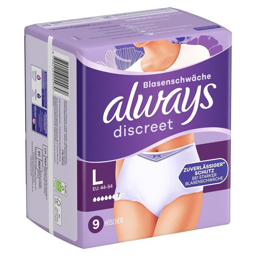 Verpackung von Always Discreet Inkontinenz Pants L Plus. Lila-weiße Verpackung mit Produktabbildung. Enthält 9 Höschen.