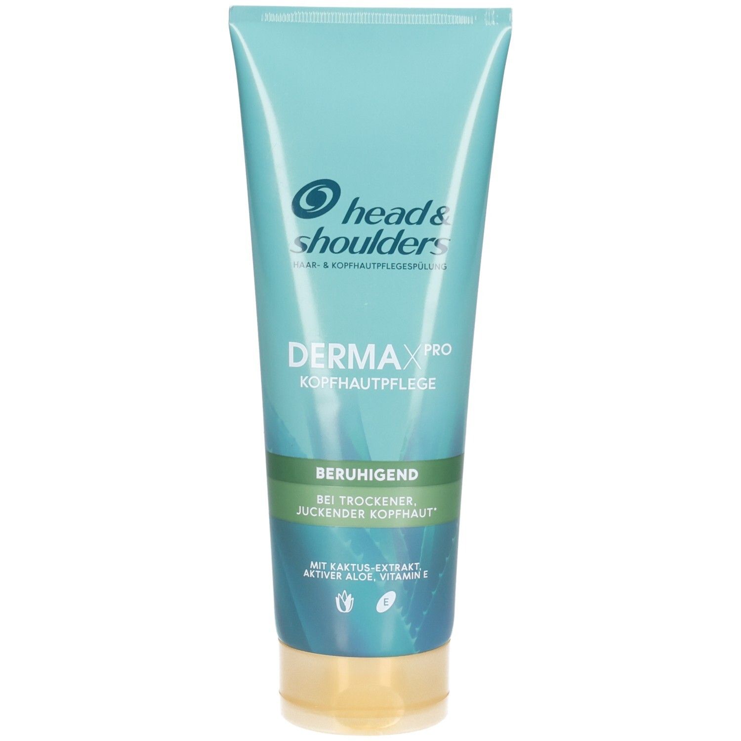 Tube turquoise avec logo et nom du produit. Texte: Derma X Pro, apaisant. Partie inférieure jaune clair. Soin du cuir chevelu.
