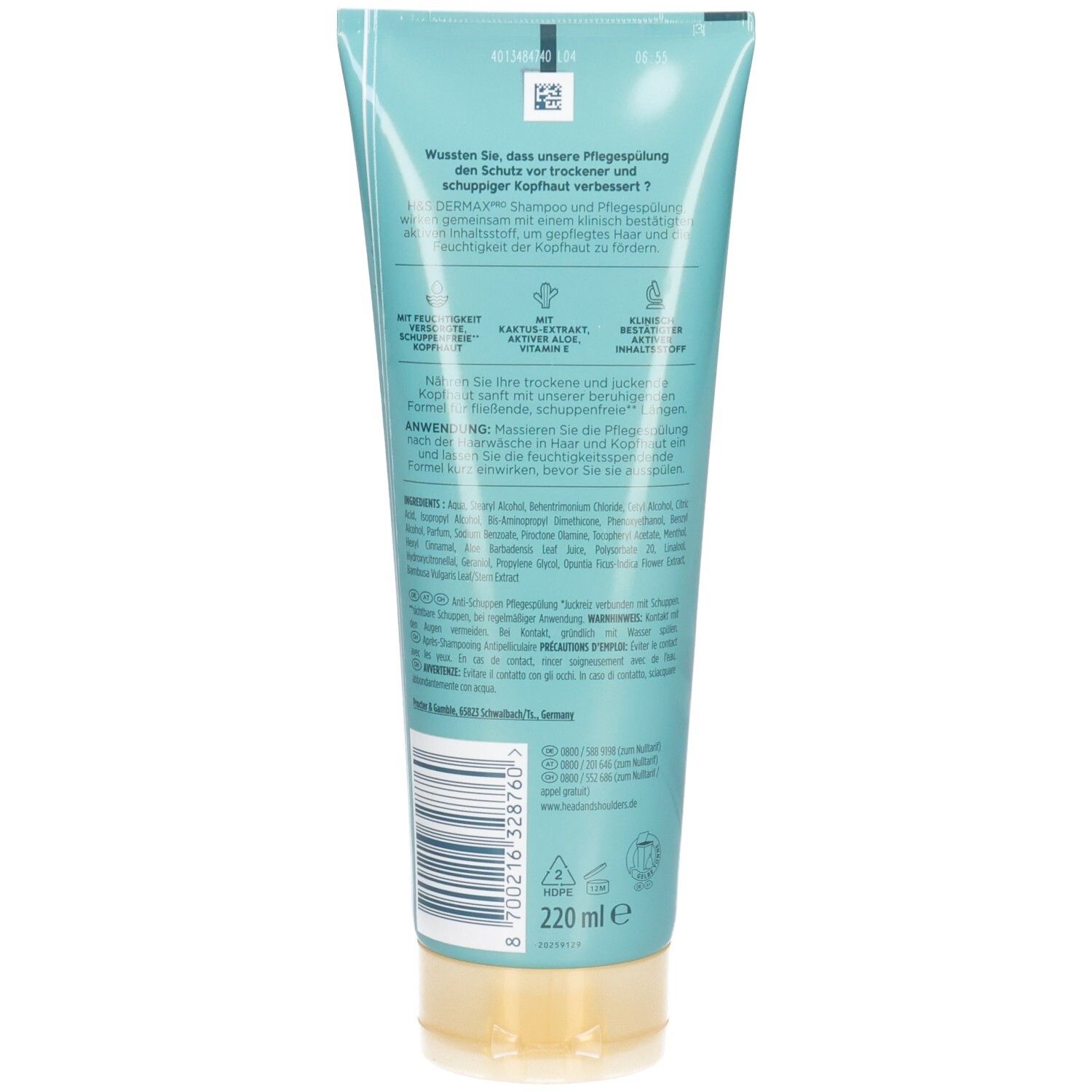 Dos du tube. Turquoise avec texte et code-barres. Contient des informations sur le produit. Partie inférieure : jaune clair. Volume : 220 ml.