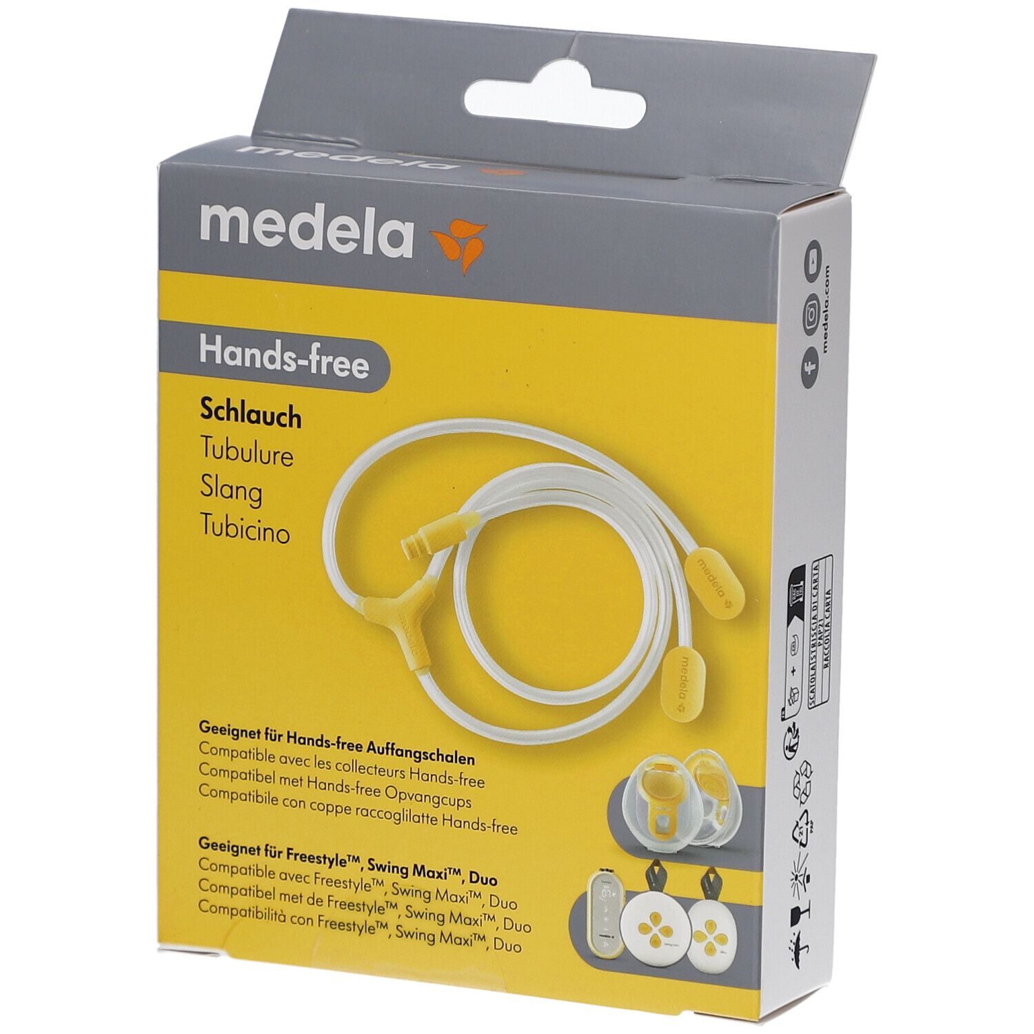 Emballage avec produit. Inscription: Medela, Hands-free Schlauch. Fond jaune. Tuyau et accessoires illustrés.