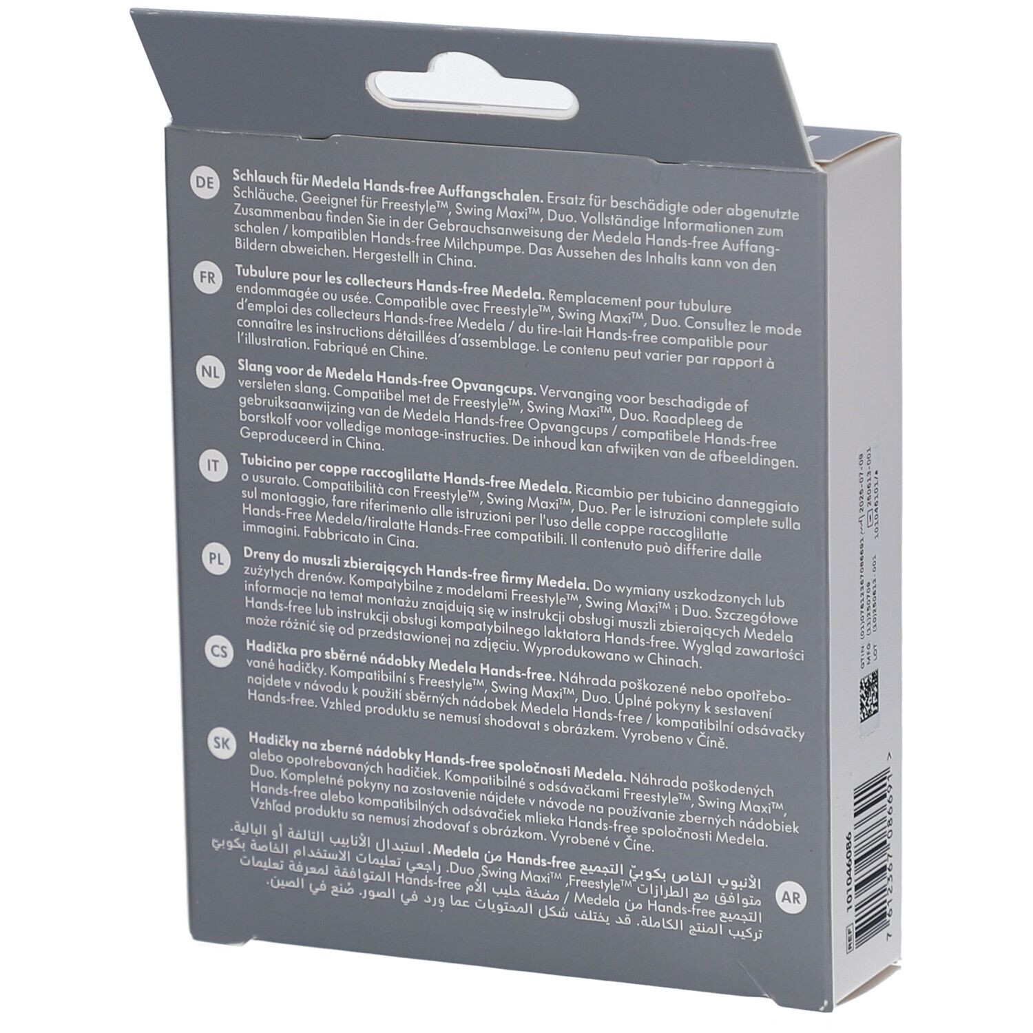 Dos de l'emballage. Texte multilingue. Informations sur le produit et coordonnées du fabricant.