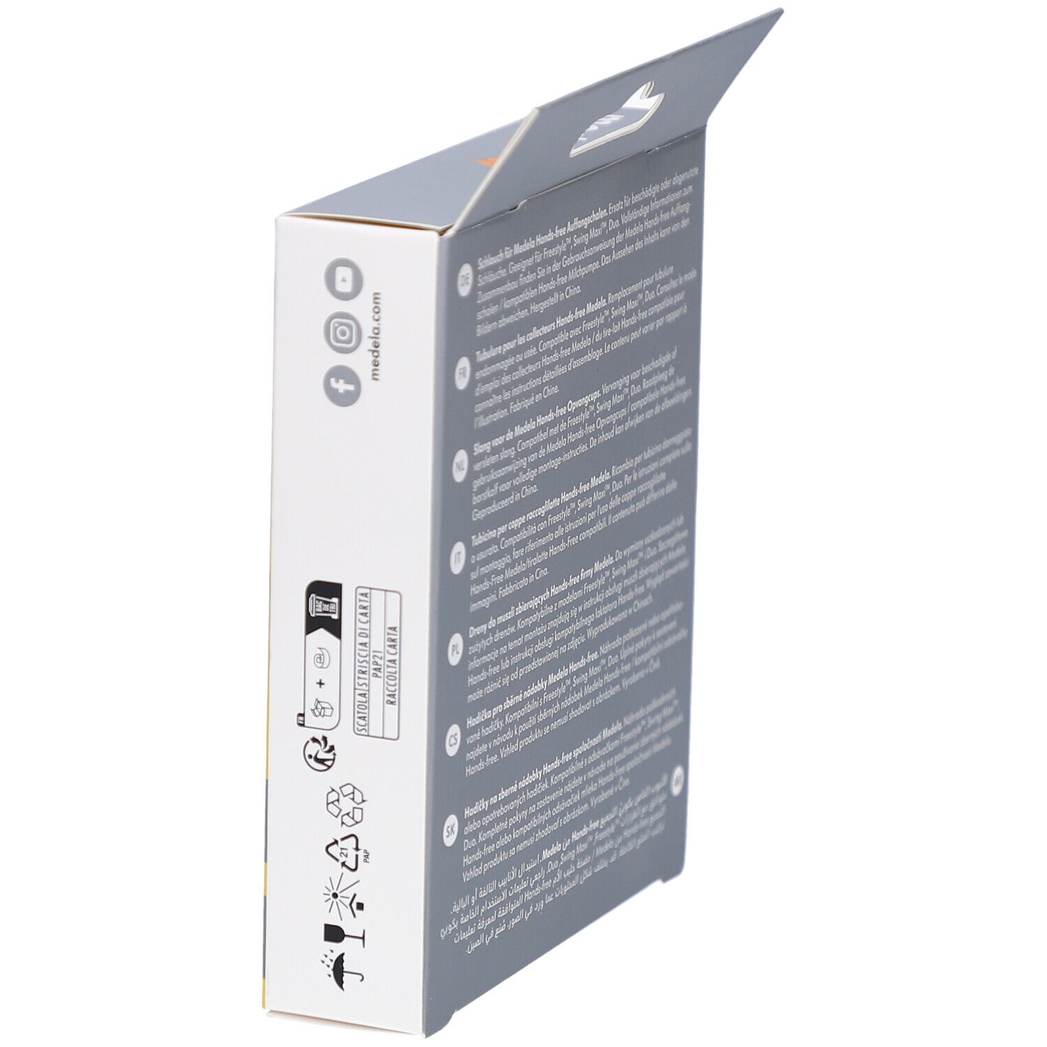 Vue latérale de l'emballage. Texte et pictogrammes. Informations sur l'élimination et le recyclage.