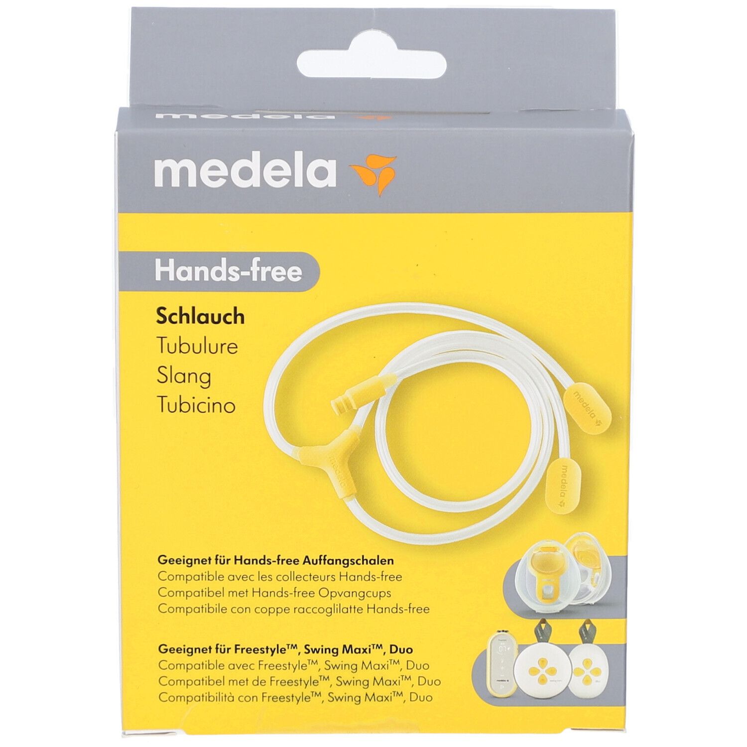 Emballage avec produit. Inscription: Medela, Hands-free Schlauch. Fond jaune. Tuyau et accessoires illustrés.