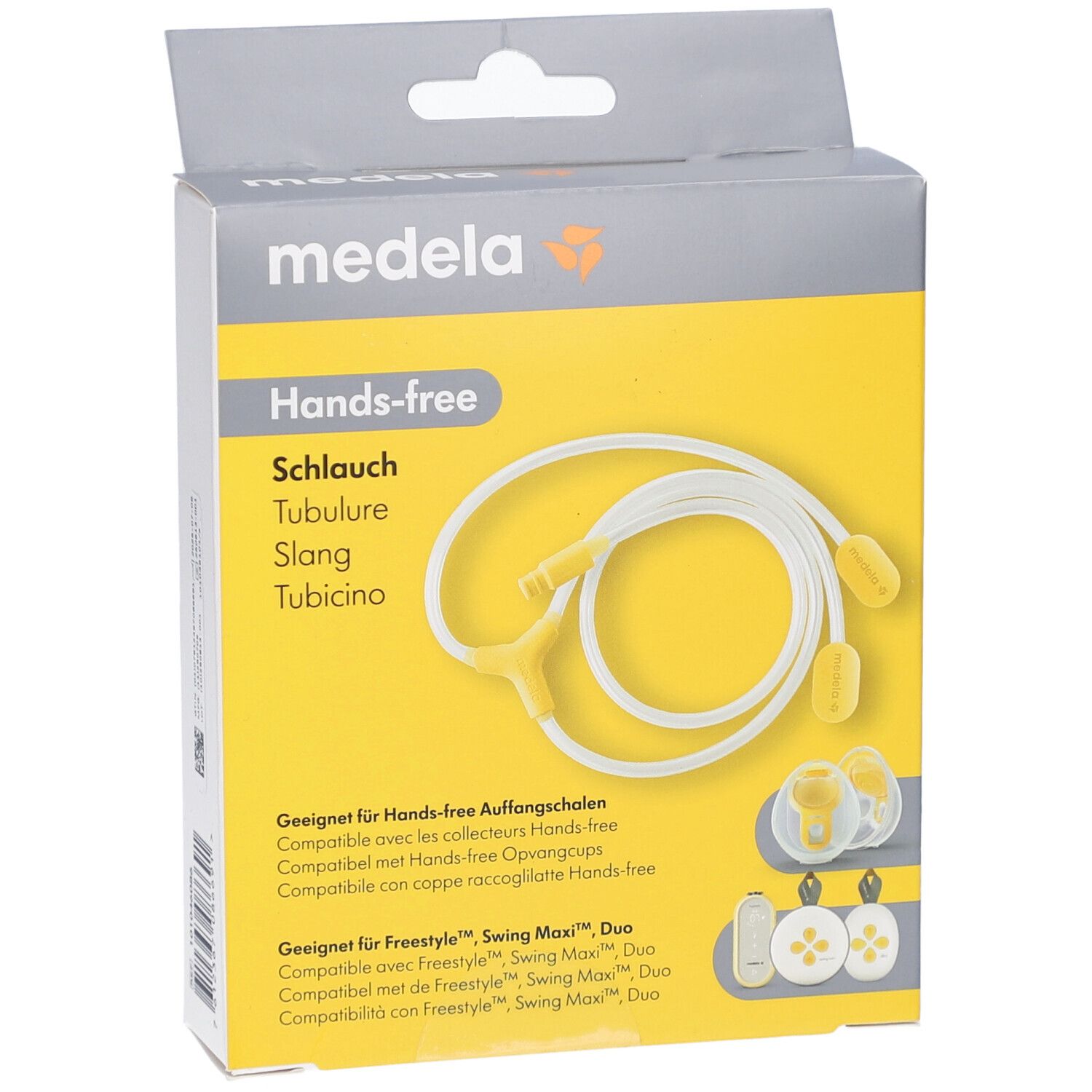 Emballage avec produit. Inscription: Medela, Hands-free Schlauch. Fond jaune. Tuyau et accessoires illustrés.