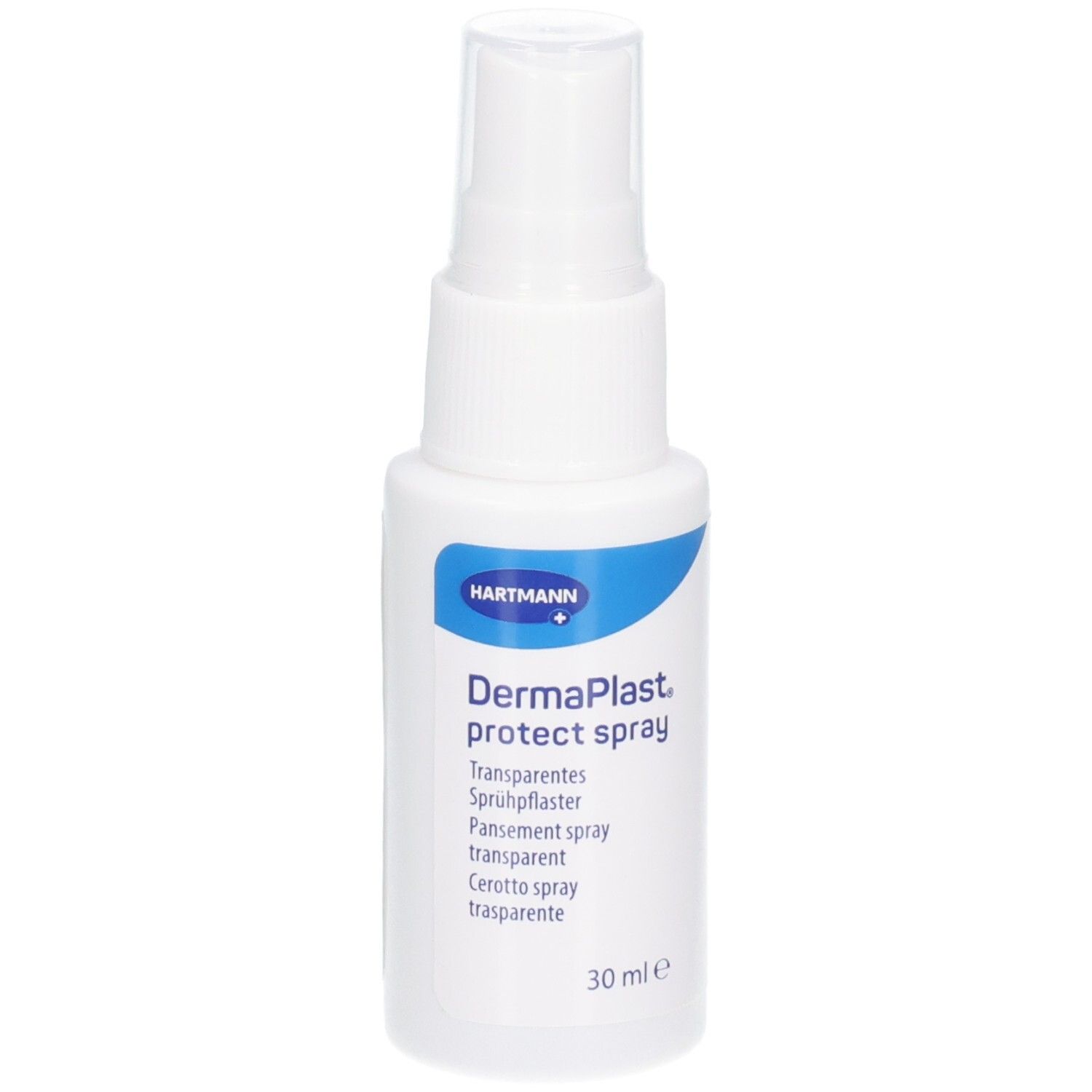 Weiße Sprühflasche mit blauem Logo. Beschriftung: DermaPlast protect spray. 30 ml.