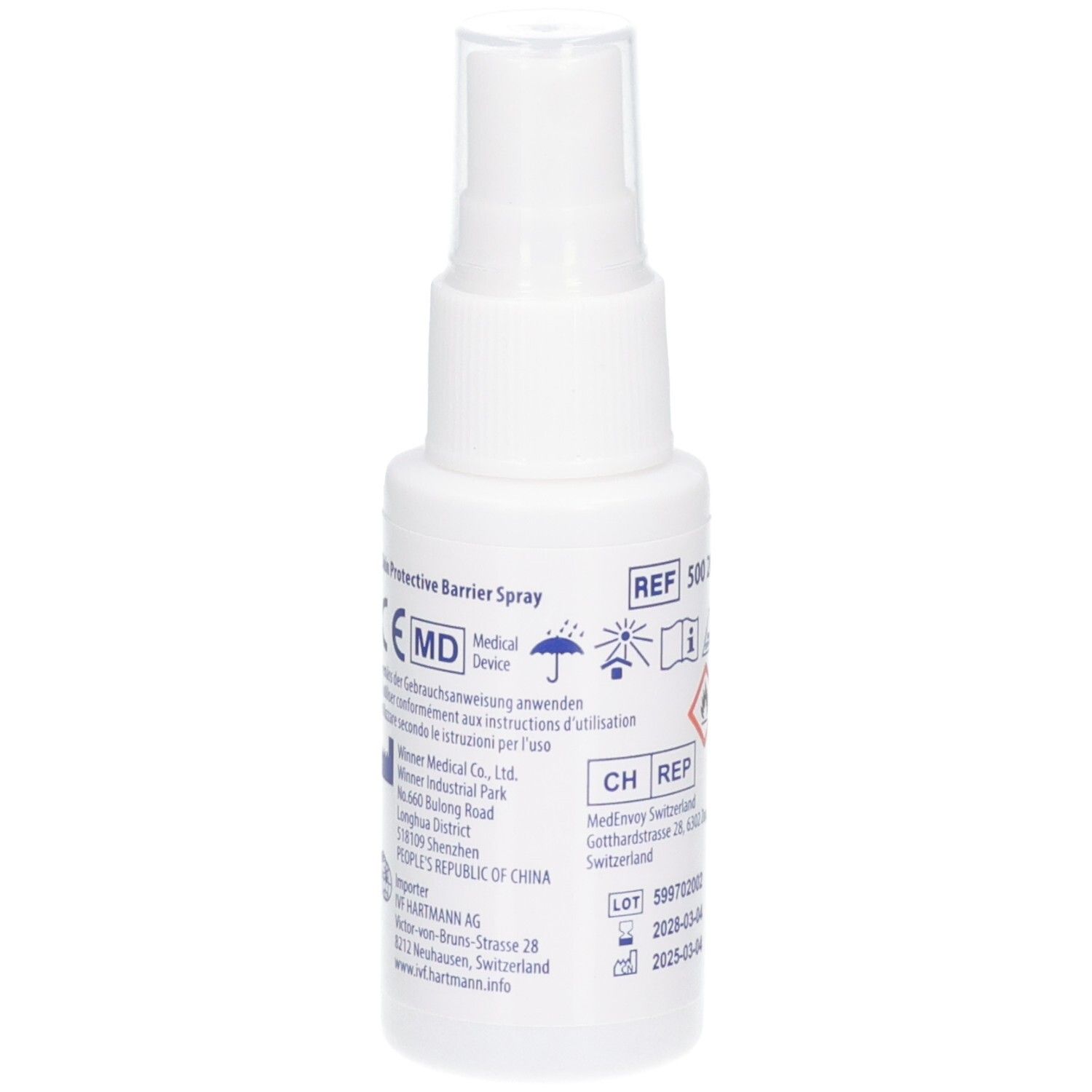 Weiße Sprühflasche mit Informationen und Symbolen. CE-Kennzeichnung. Medizinprodukt.
