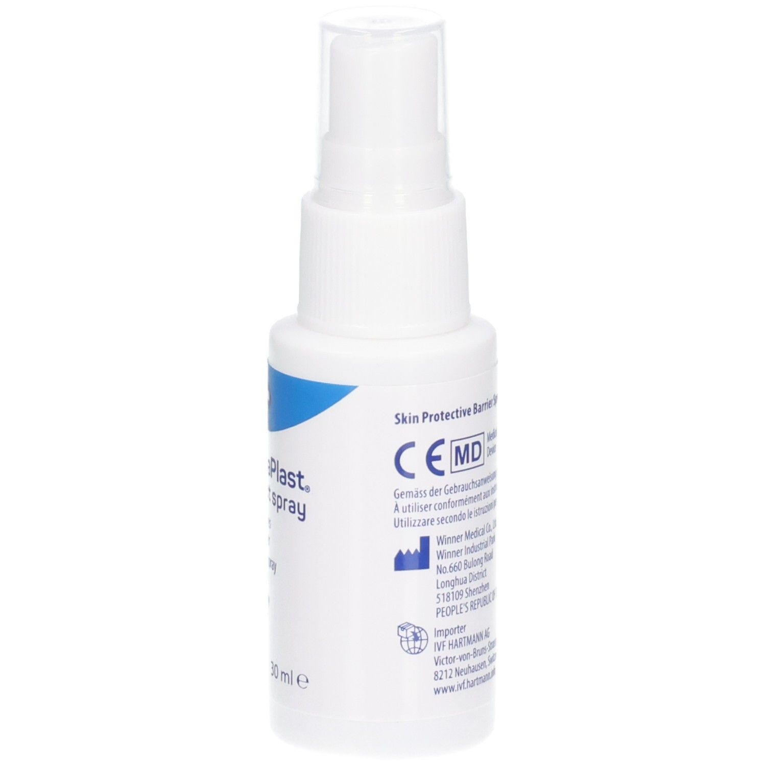 Weiße Sprühflasche mit blauer Beschriftung. CE-Kennzeichnung. Medizinprodukt.