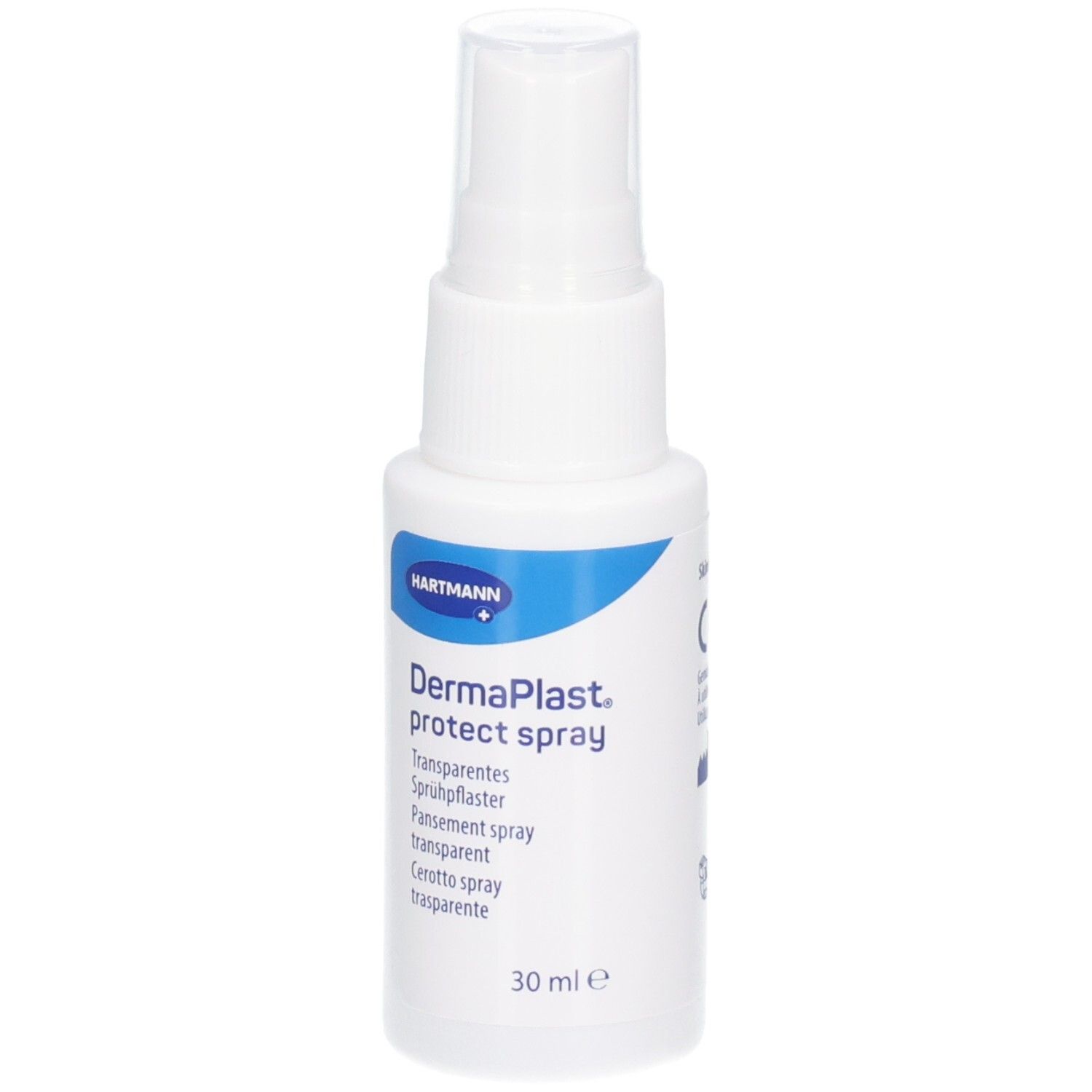 Weiße Sprühflasche mit blauem Logo. Beschriftung: DermaPlast protect spray. 30 ml.