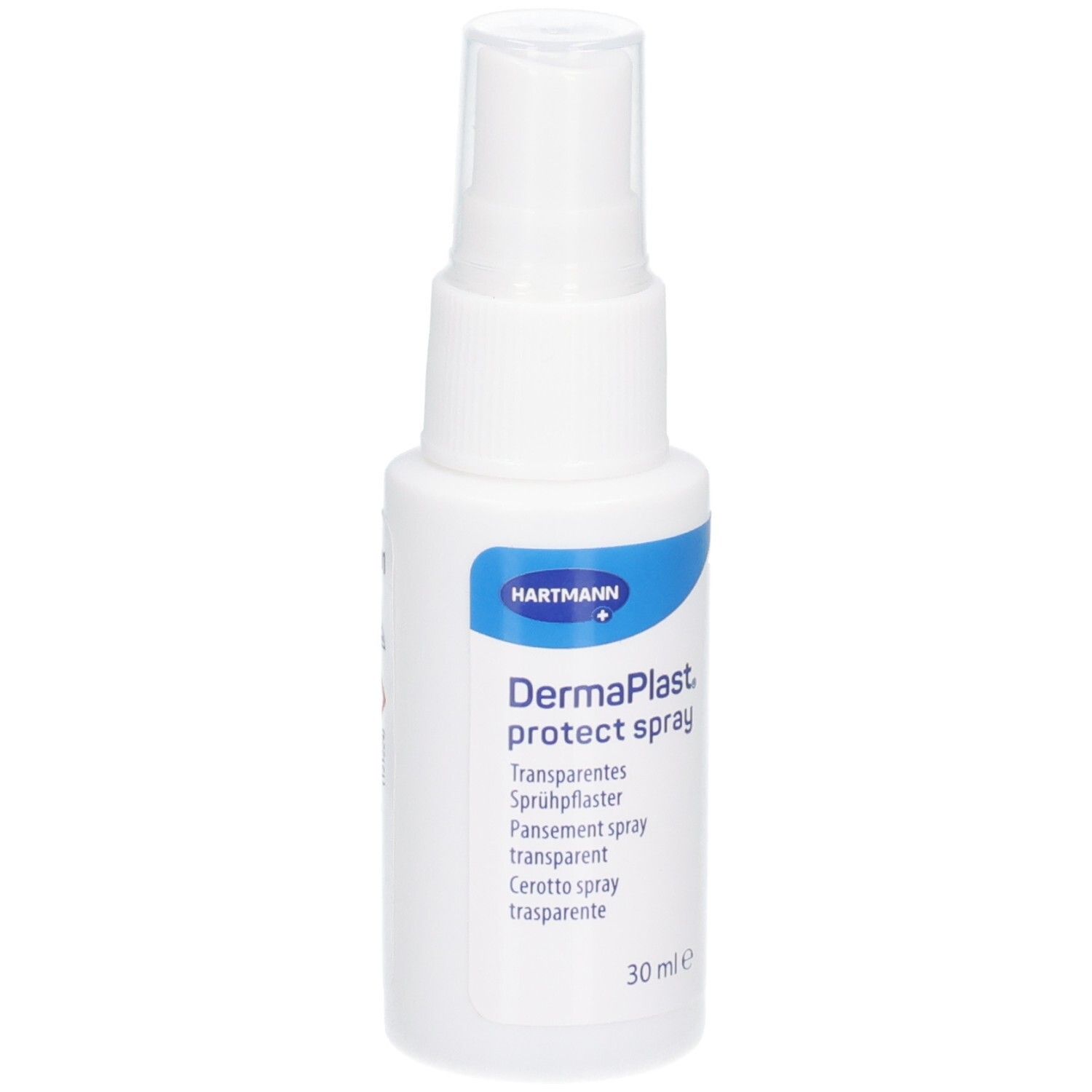 Weiße Sprühflasche mit blauem Logo. Beschriftung: DermaPlast protect spray. 30 ml.