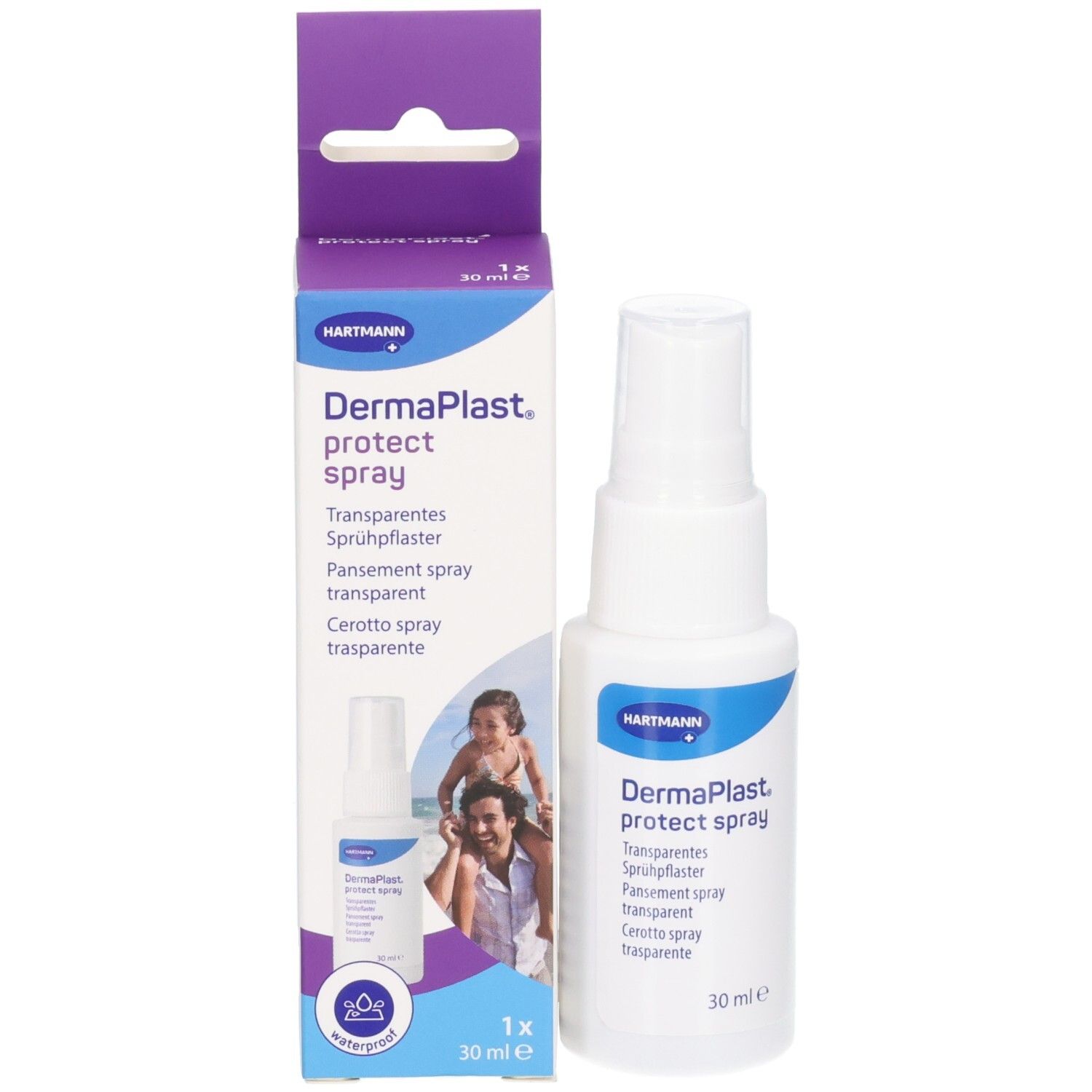Produktverpackung und Sprühflasche. Verpackung mit Produktname und Logo. 30 ml.